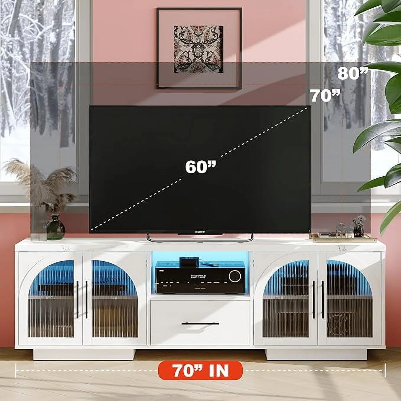 TV Stand for 75 inch TV, LED TV Stand for Living Room,70" Entertainment Center with Arched Glass Doors, Faux Marble Wood Finish Top, Adjustable Shelves, and LED Lighting, Black - Image 9