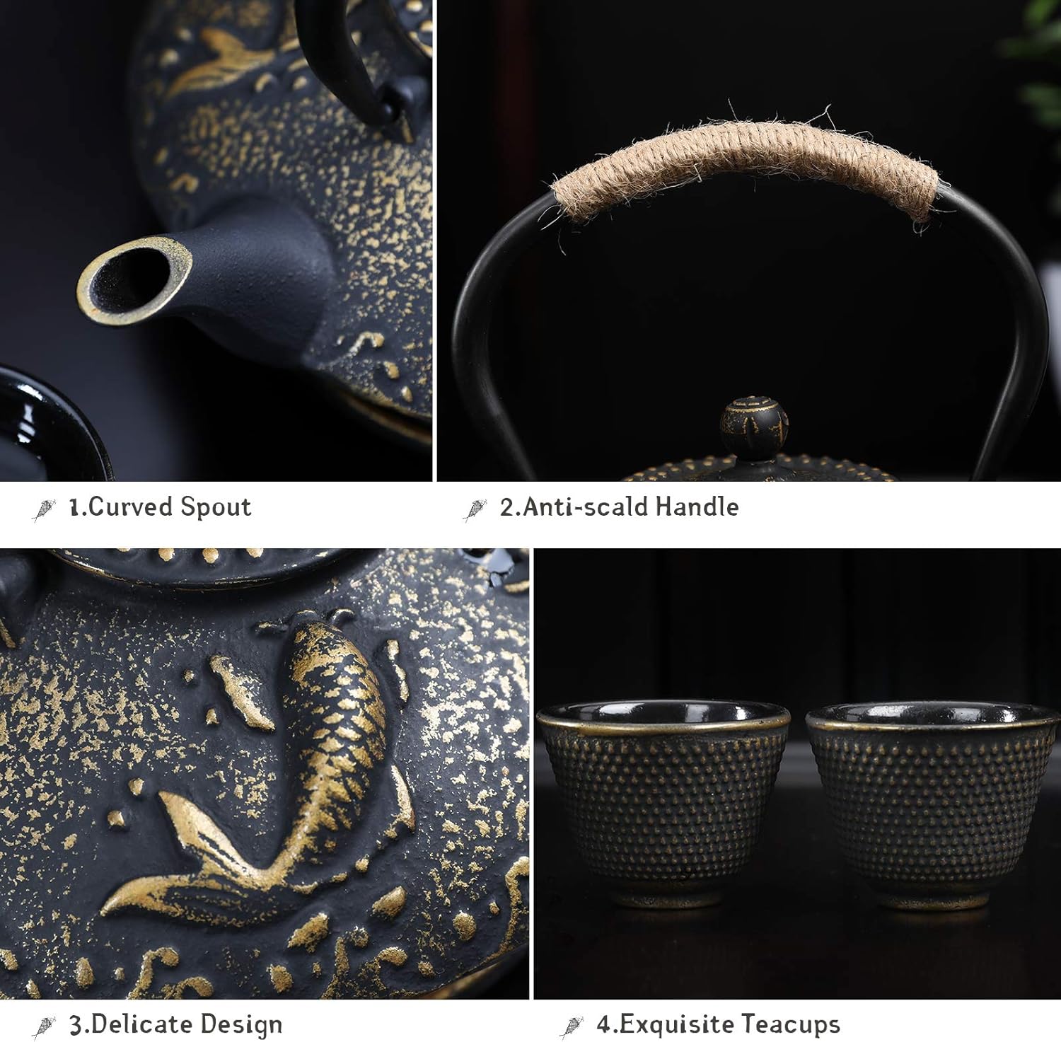 Ufine Koi Fish Cast Iron Teapot Set Stove Top Tea Kettle with 4 Cups Japanese Style Tetsubin Tea Gift Set, 26 oz with Stainless Steel Infuser