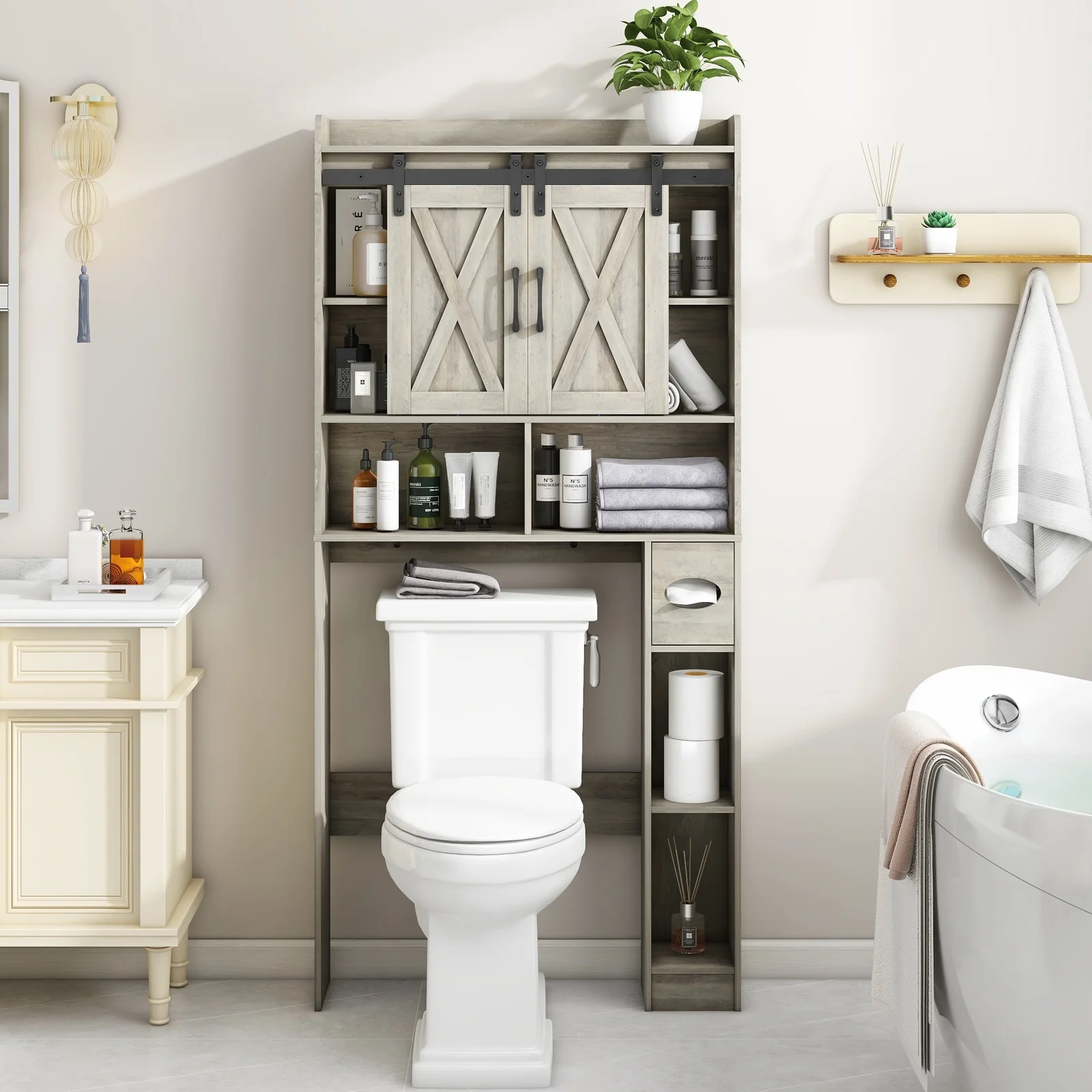 Over The Toilet Storage Cabinet, Farmhouse Storage Cabinet Over Toilet with Sliding Doors-Home Space-Saving Toilet Rack, for Bathroom, Restroom, Laundry - Image 11