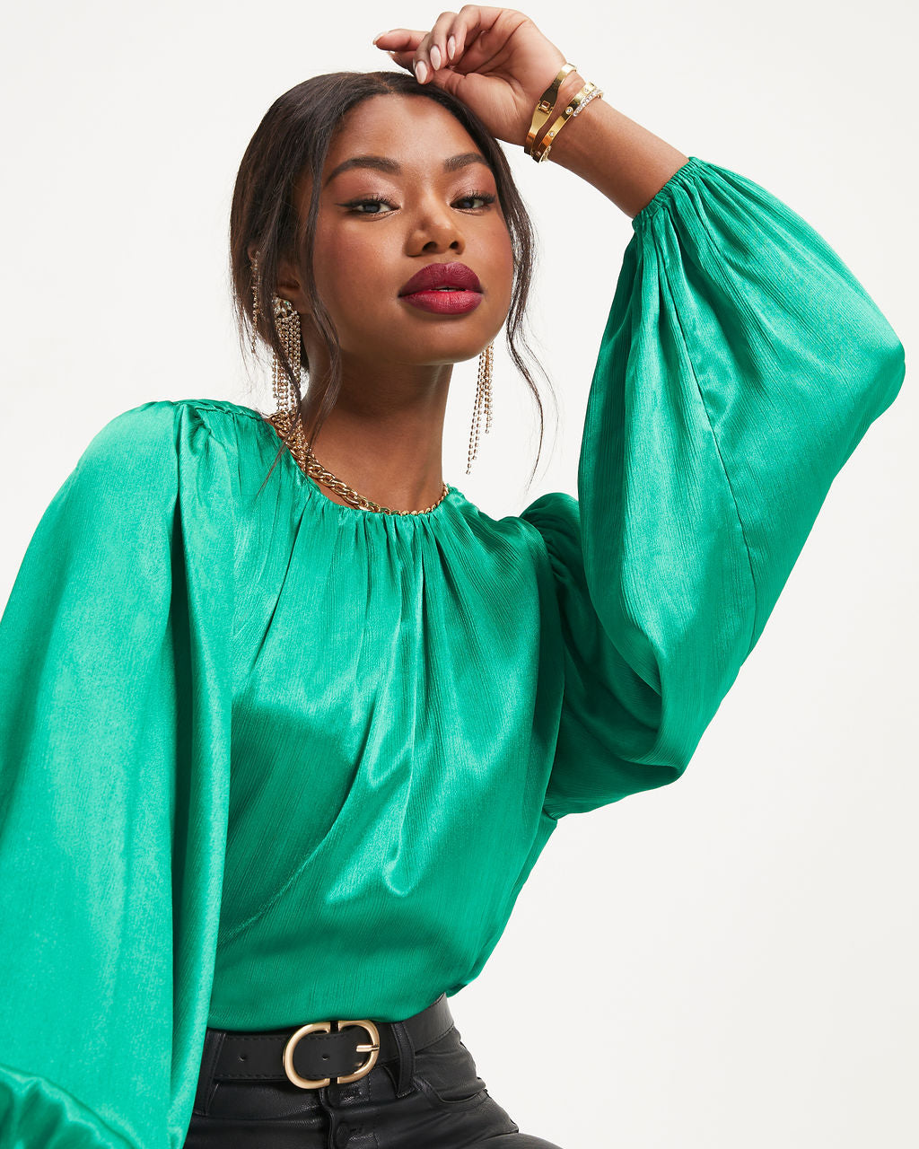 Perfect Timing Satin Balloon Sleeve Top - Green - Se7enfashion