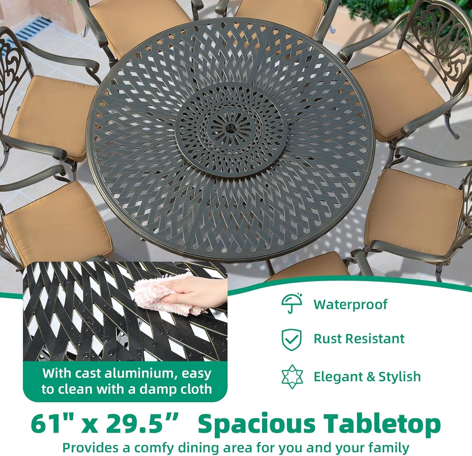 VIVIJASON Outdoor 61" Patio Dining Table for 6-8 Person, Large Patio Round Dining Table with 24" Lazy Susan, Dark Bronze Cast Aluminum Rustic Patio Table W/Umbrella Hole for Balcony, Porch and Deck - Image 19