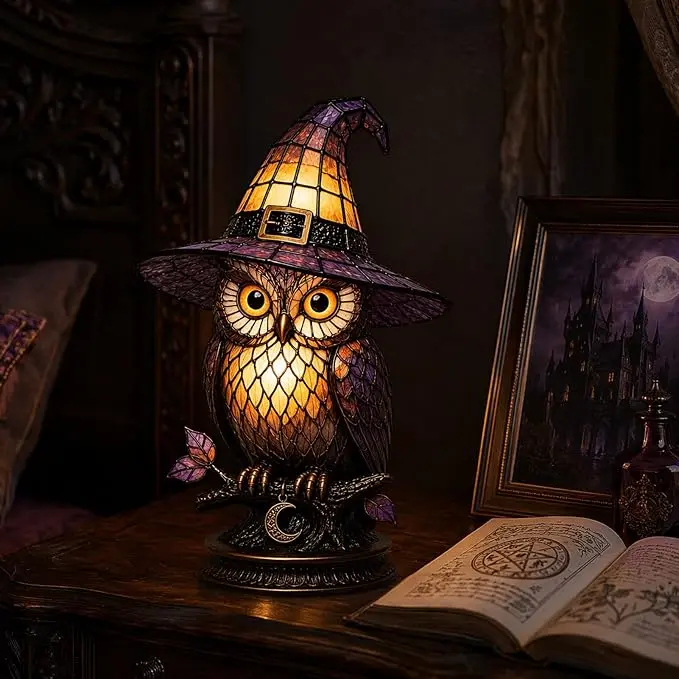 WitchLight™ Owl Lamp  Gothic Halloween Stained Glass Accent Lamp