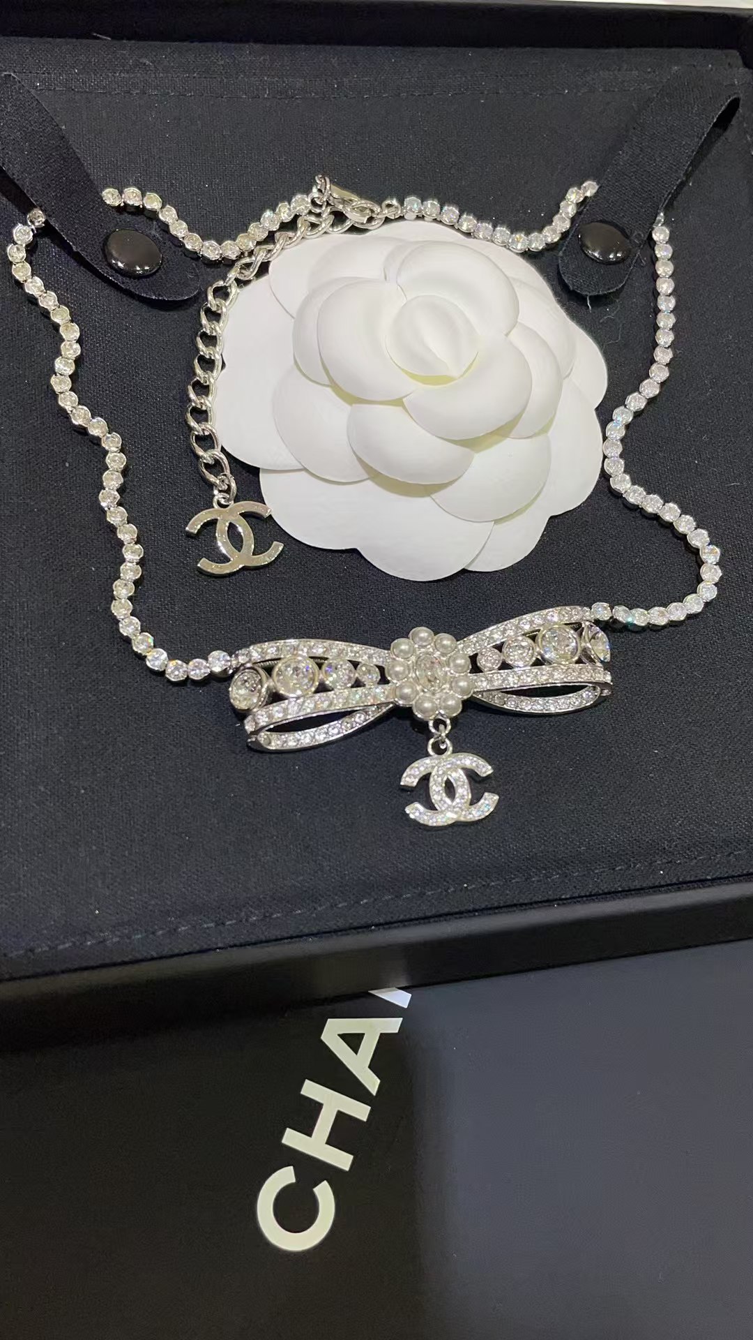 Chanel Rhinestone Strass Bowknot Pendant Necklace - Original Replica Club