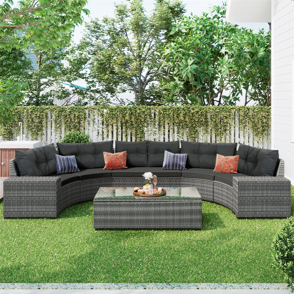 8 Pieces Outdoor Wicker Round Furniture Set, All Weather Half-Moon Sectional Patio Sofa Sets with Rectangular Coffee Table, Beige - Image 16