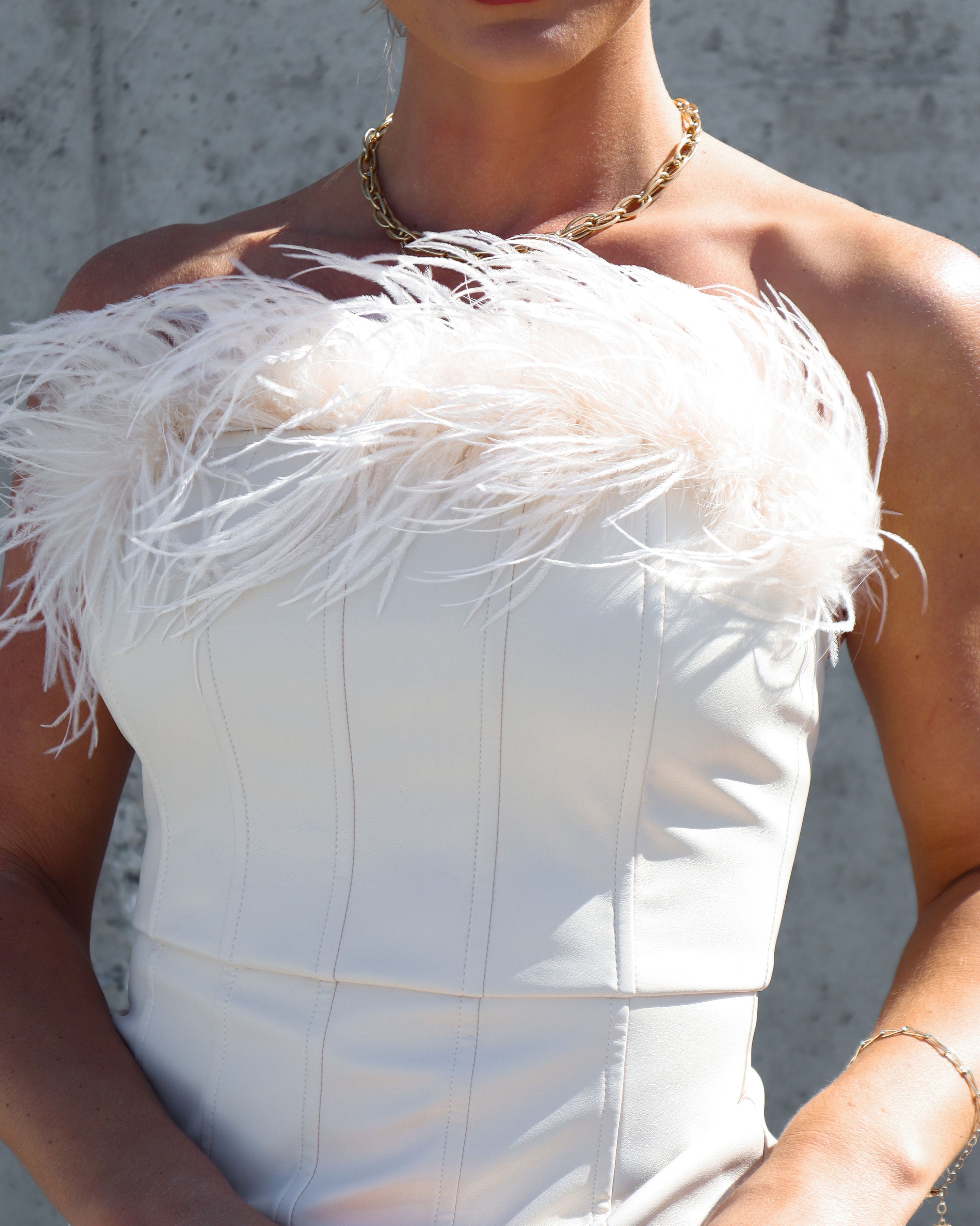 No Competition Here Faux Leather Feather Trim Midi Dress - Ecru - Se7enfashion