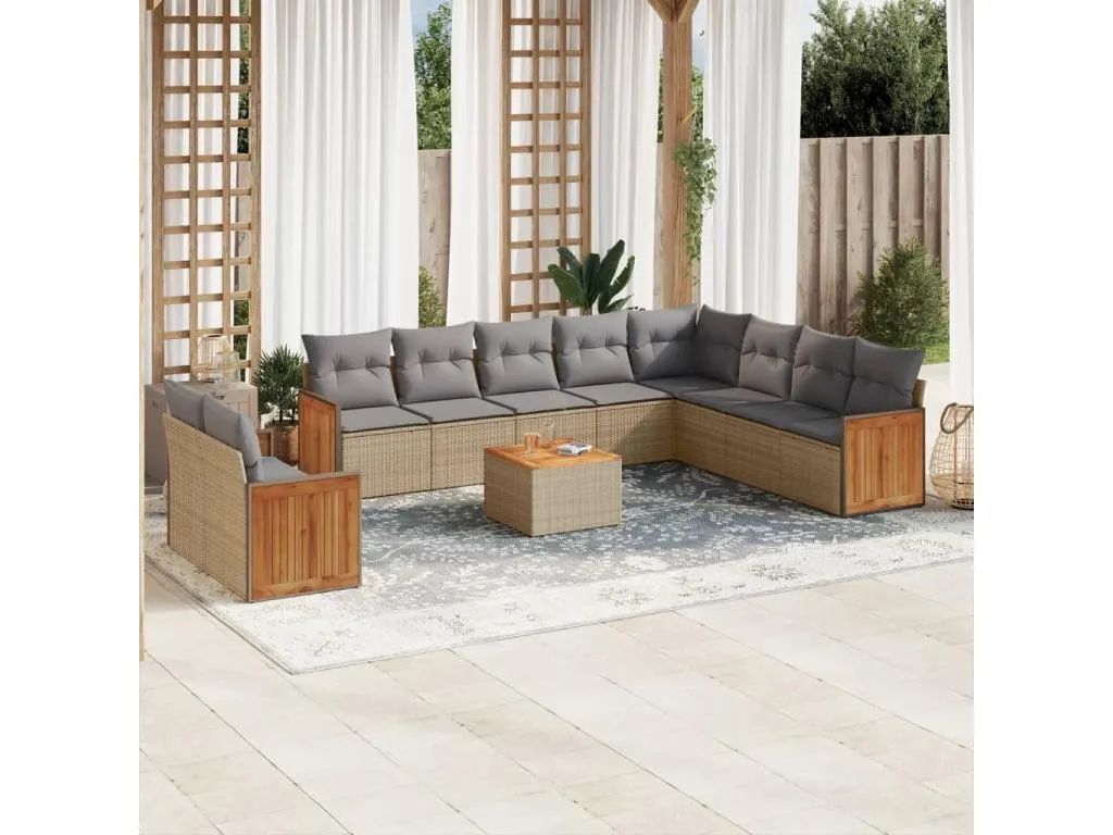 Set de sofás de jardín 11pzas con cojines ratán sintético beige GKJK66400