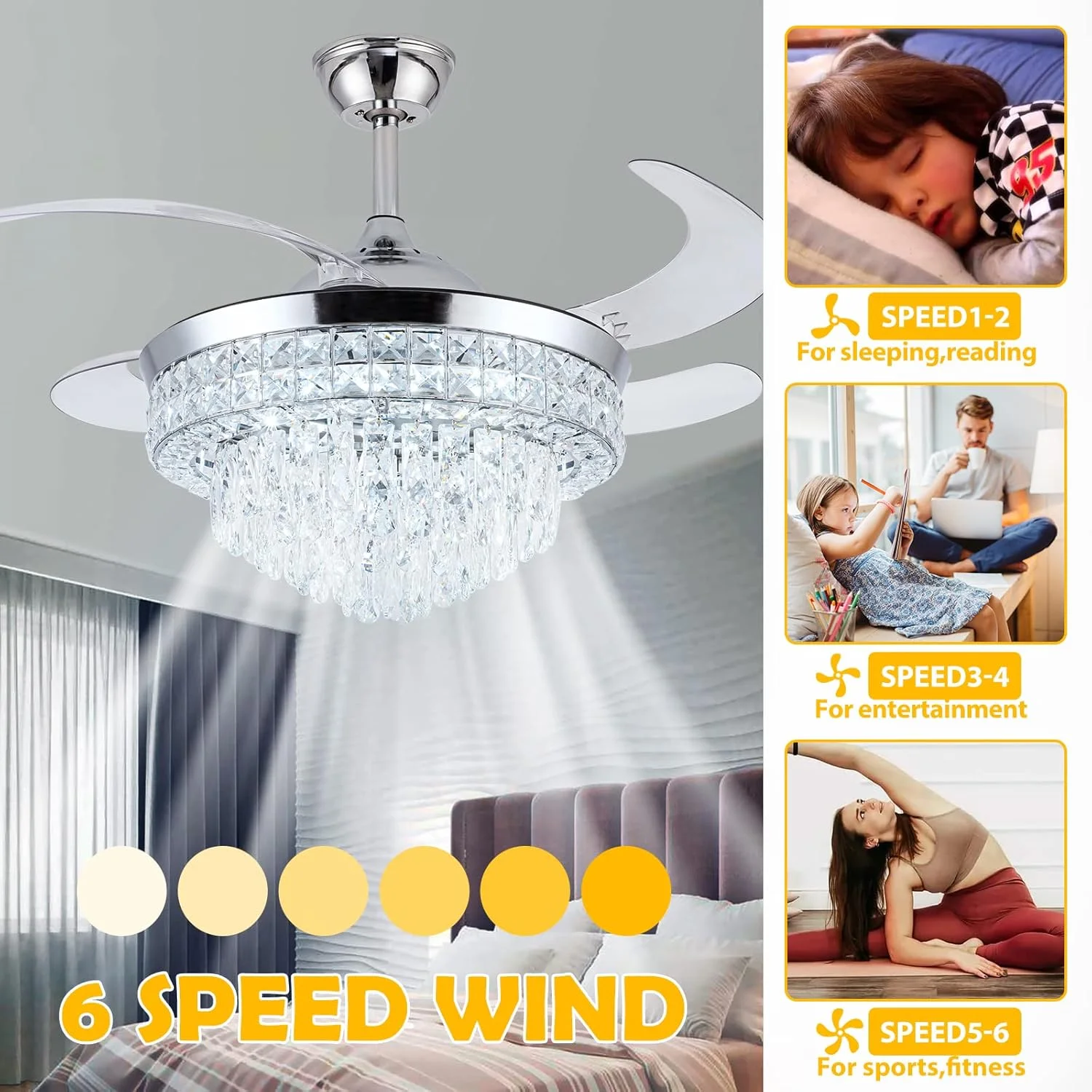 Datingday 42 Inch Crystal Ceiling Fan Golden Crystal Ceiling Fan Chandelier with Remote 6 Speeds 3 Colors Changes Lighting Fixture, 4 Blades Retractable Fans for Bedroom Living Room Dining Room - Image 23
