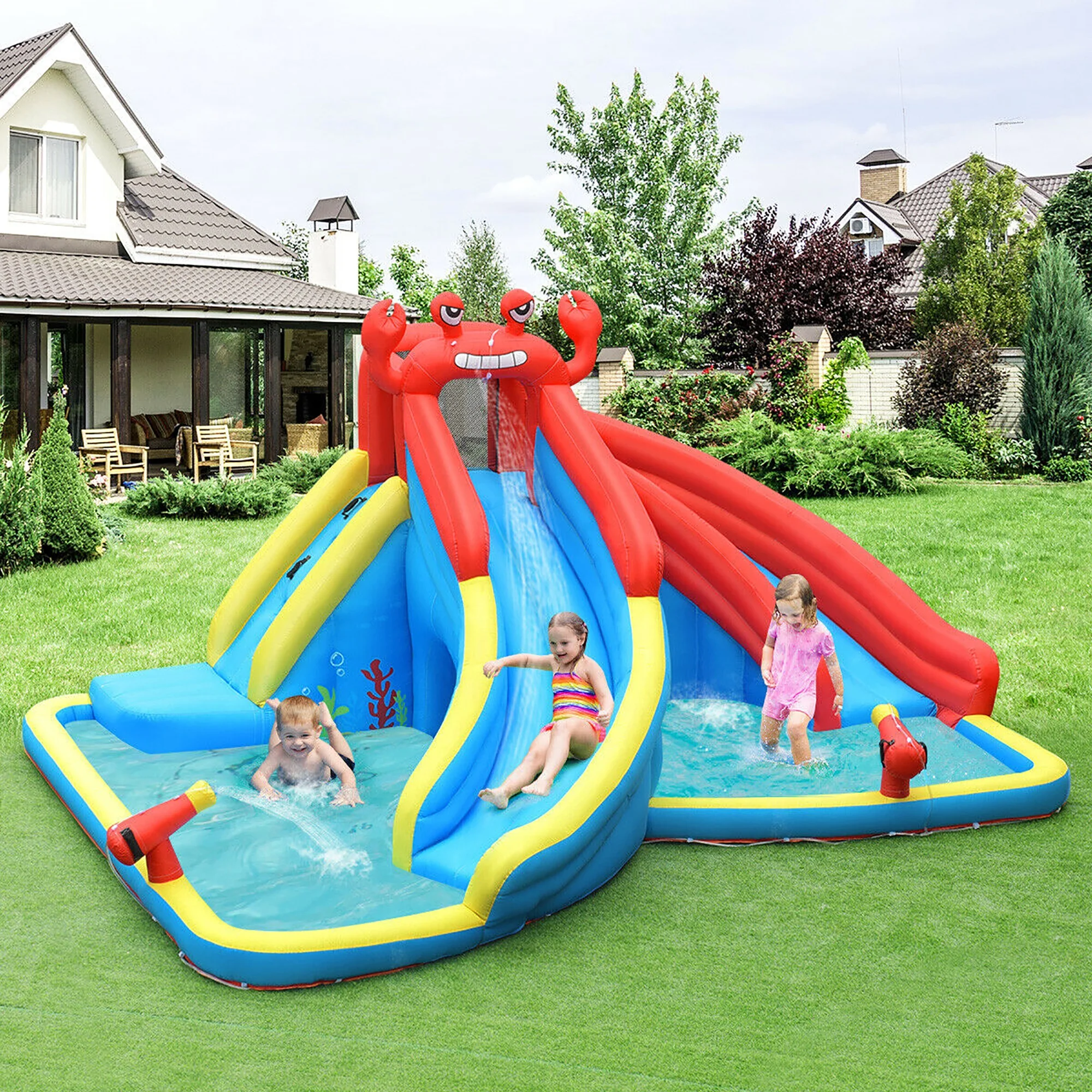 Costway Inflatable Water Slide Crab Dual Slide Bounce House Splash Pool with 950W Blower - Image 3