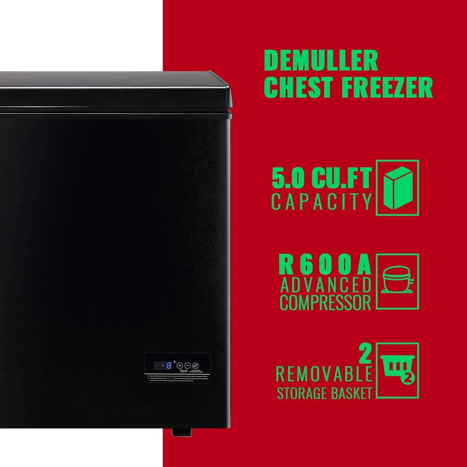 Chest Freezer 5.0Cubic Feet Deep Freezer Freestanding Freezers Removable Stainless Steel Basket