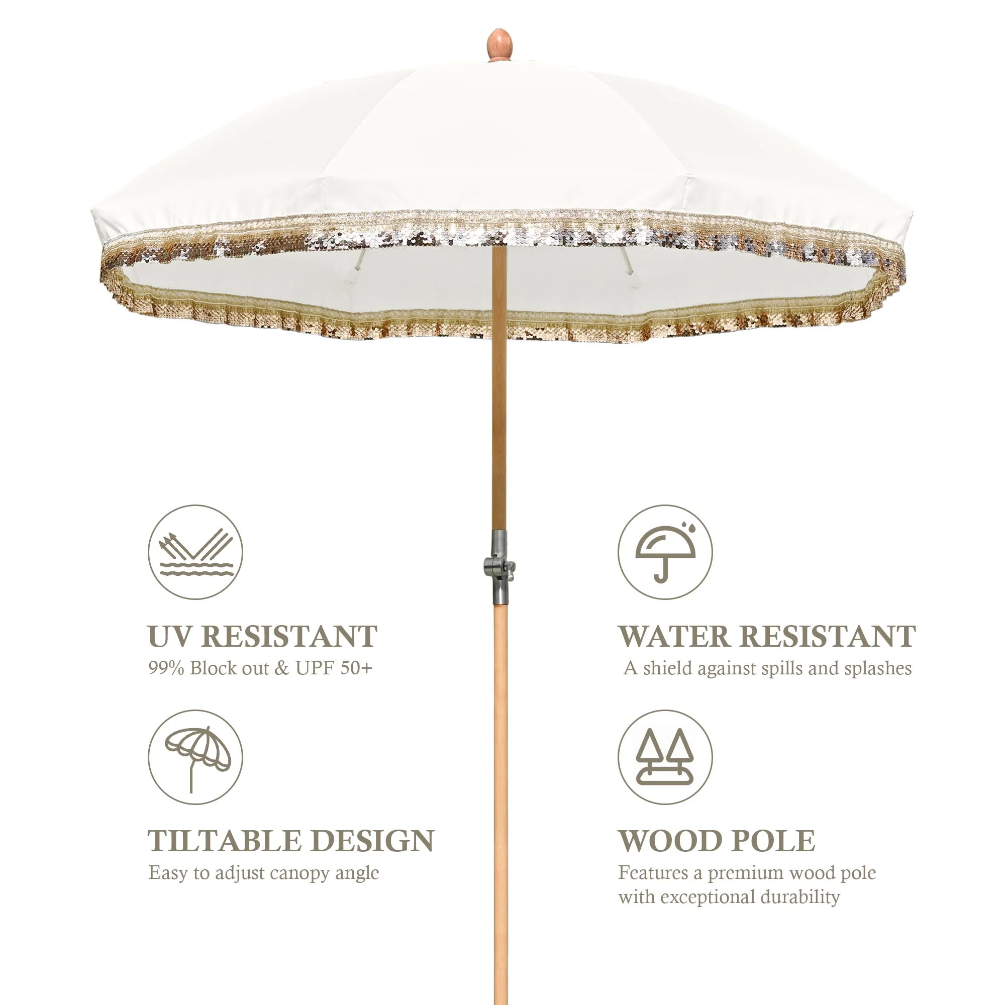 LAGarden 6 Ft Fringe Patio Umbrella with Tassel Jazz Age Wood UPF50+ for Outdoor, Beige with gold tassel,Model: JZ6-01 - Image 33