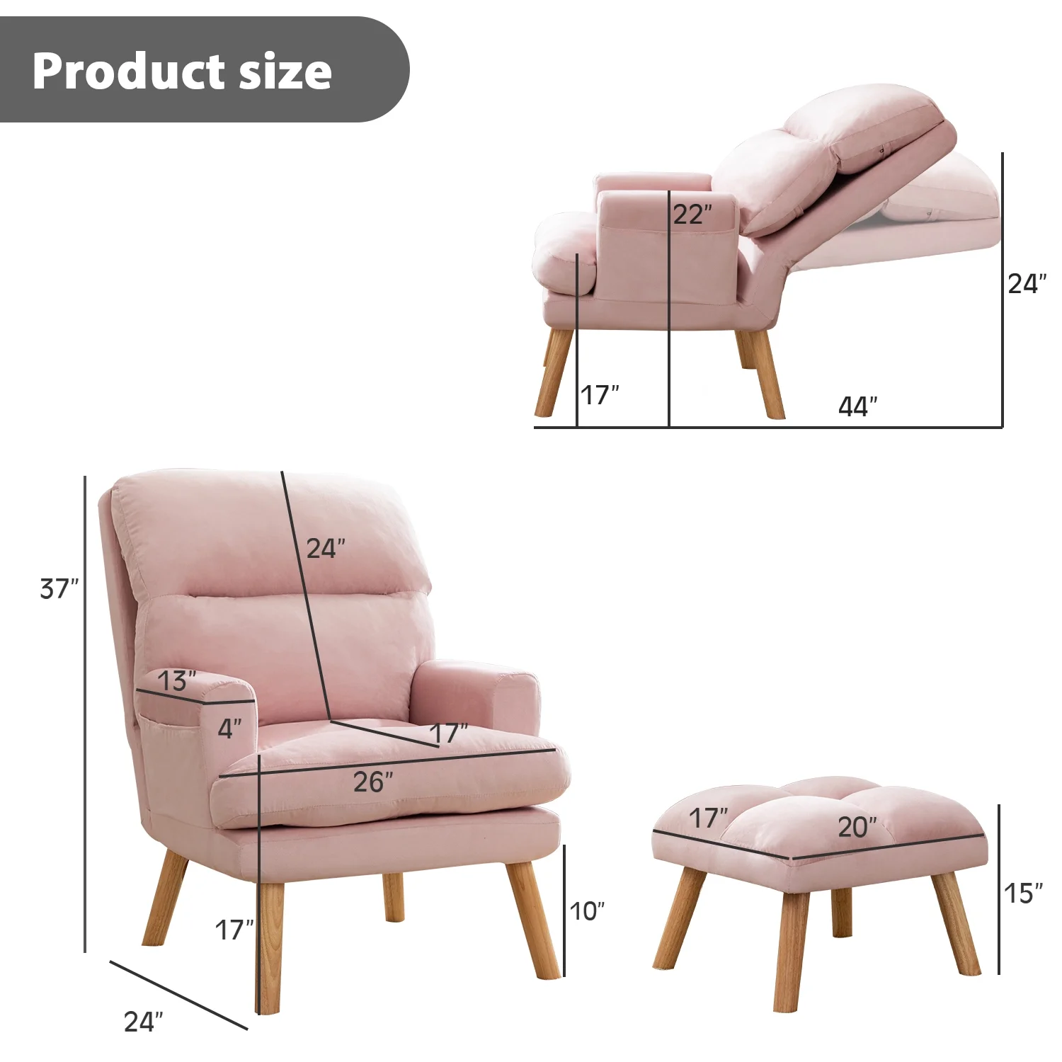 Bestier Adjustable Accent Chairs with Ottoman, Velvet Fabric Armchair for Bedroom Living Room, Comfy Lounge Chair with Padded Backrest and Side Pocket, Soft Reading Chair, Beige - Image 13