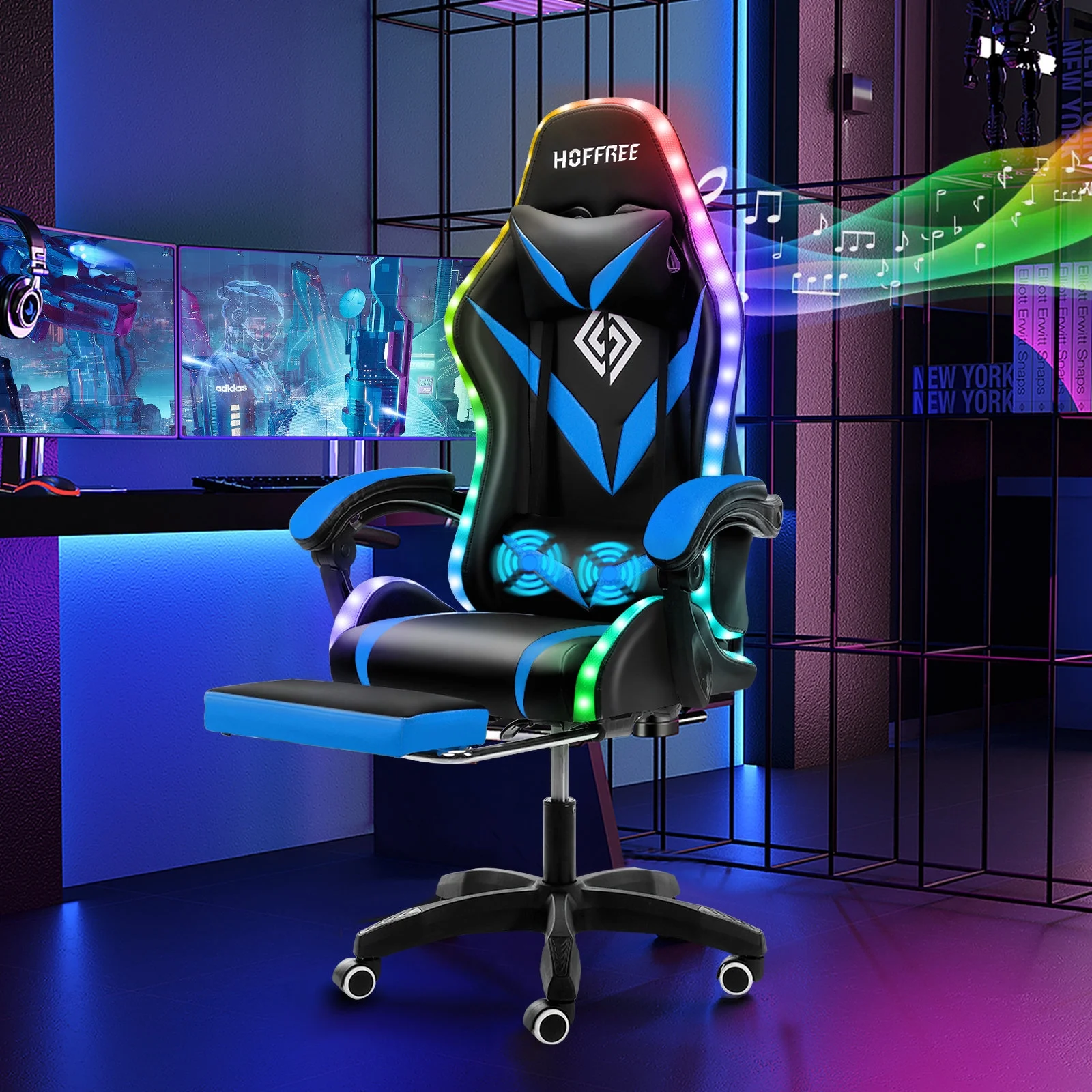 Hoffree Gaming Chair with Speakers PU Leather Office Chair with Footrest and LED Lights Ergonomic Gamer Chair with Massage Lumbar Support and Headrest Adjustable Swivel for Home Office 300lb - Image 16