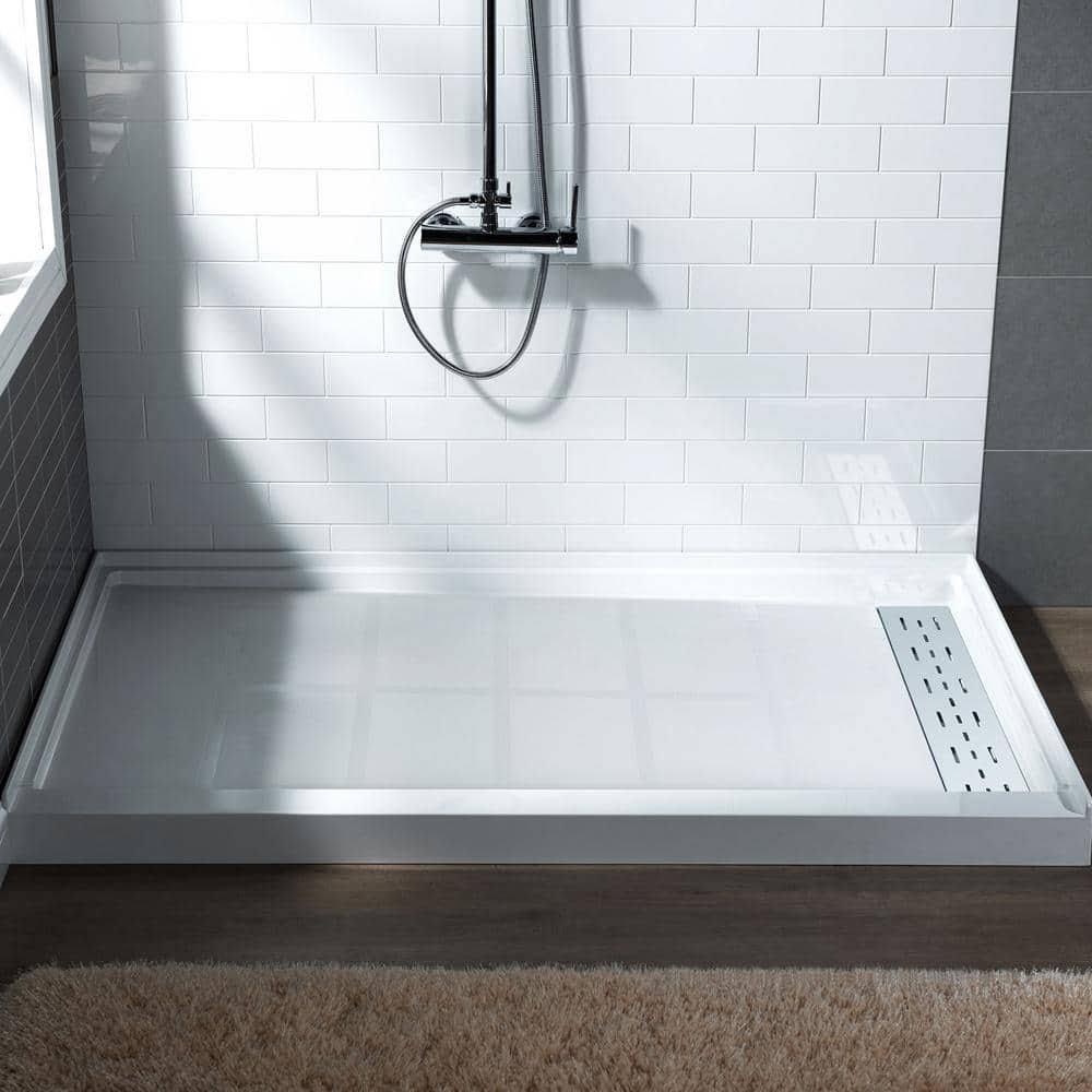 Woodbridge Krasik 60 in. L x 36 in. W Alcove Solid Surface Shower Pan Base with Right Drain in White with Chrome Cover, White with Chrome Drain Cover(Polished Chrome/60" L X 30" W)