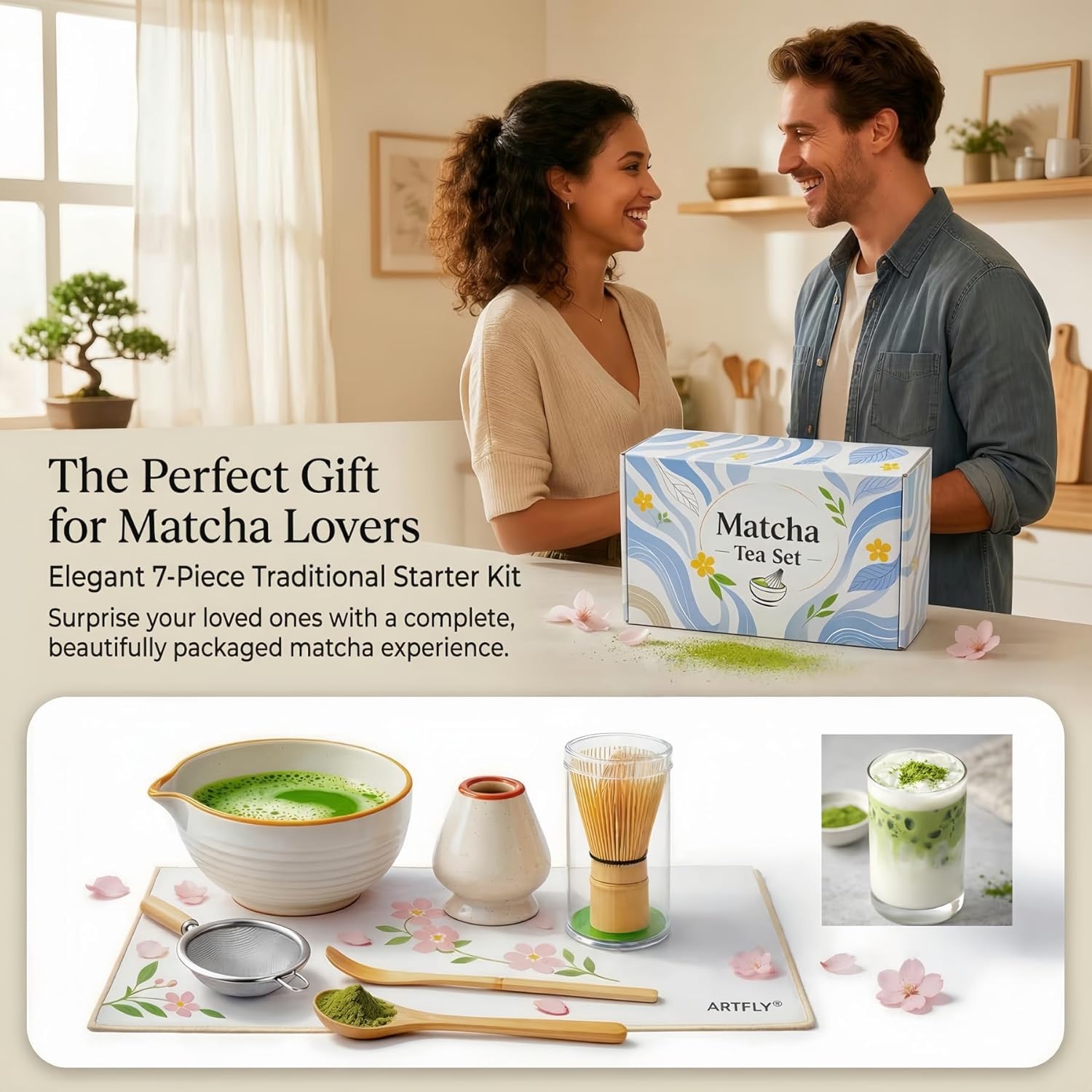 Matcha Set 7 Pcs, Japanese Matcha Kit for Beginners with Ceramic Bowl, Bamboo Whisk, Whisk Holder, Sifter, Chashaku Scoop and Tea Towel, Matcha Tea Set for Home, Latte and Gifts