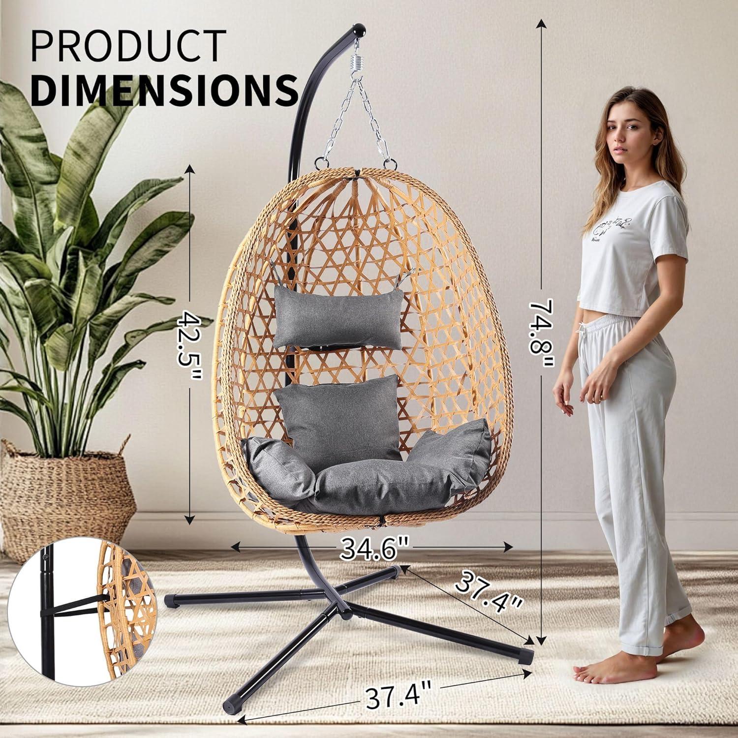 Egg Chair with Stand Patio Wicker Hanging Chair Hammock Swing Chair 350LBS Capacity