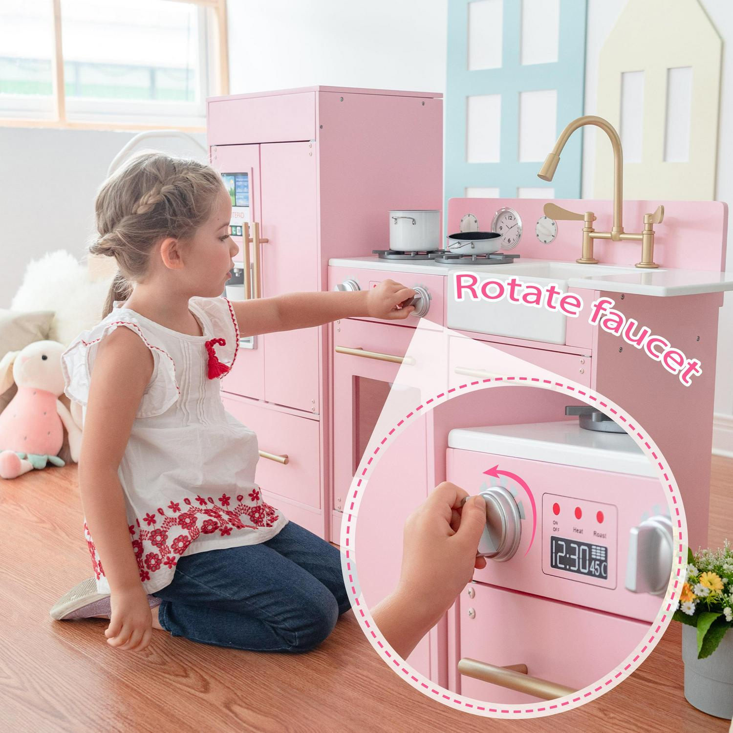 Teamson Kids Little Chef Charlotte Wooden Play Kitchen Set for Toddlers. Pretend Cooking Playset with Stove. Sink & Fridge. Pink/Gold - Image 7