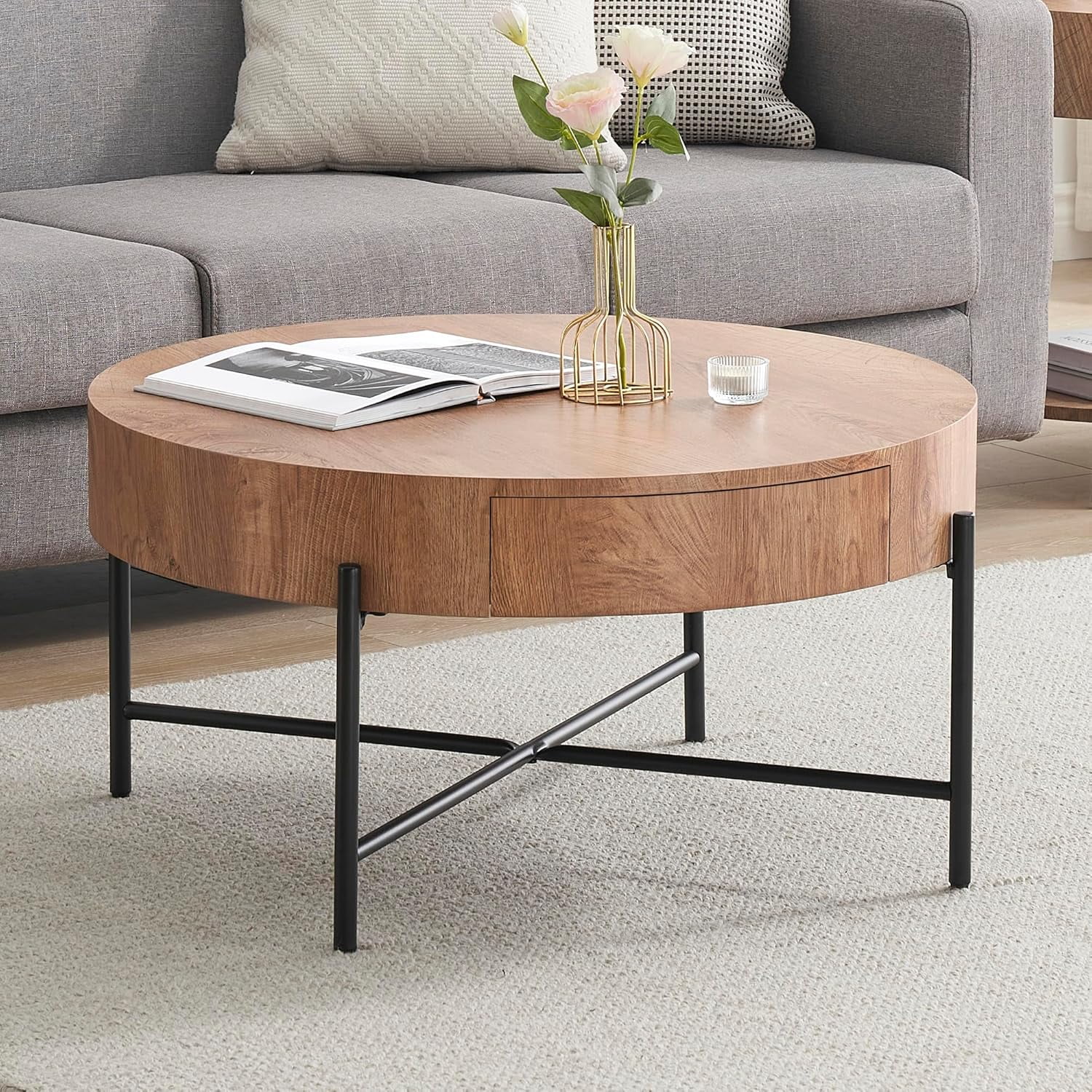 Round Coffee Table with Drawers Circle Living Room Table Wood Accent Coffee Table with Storage White Center Table (Natural) - Image 9