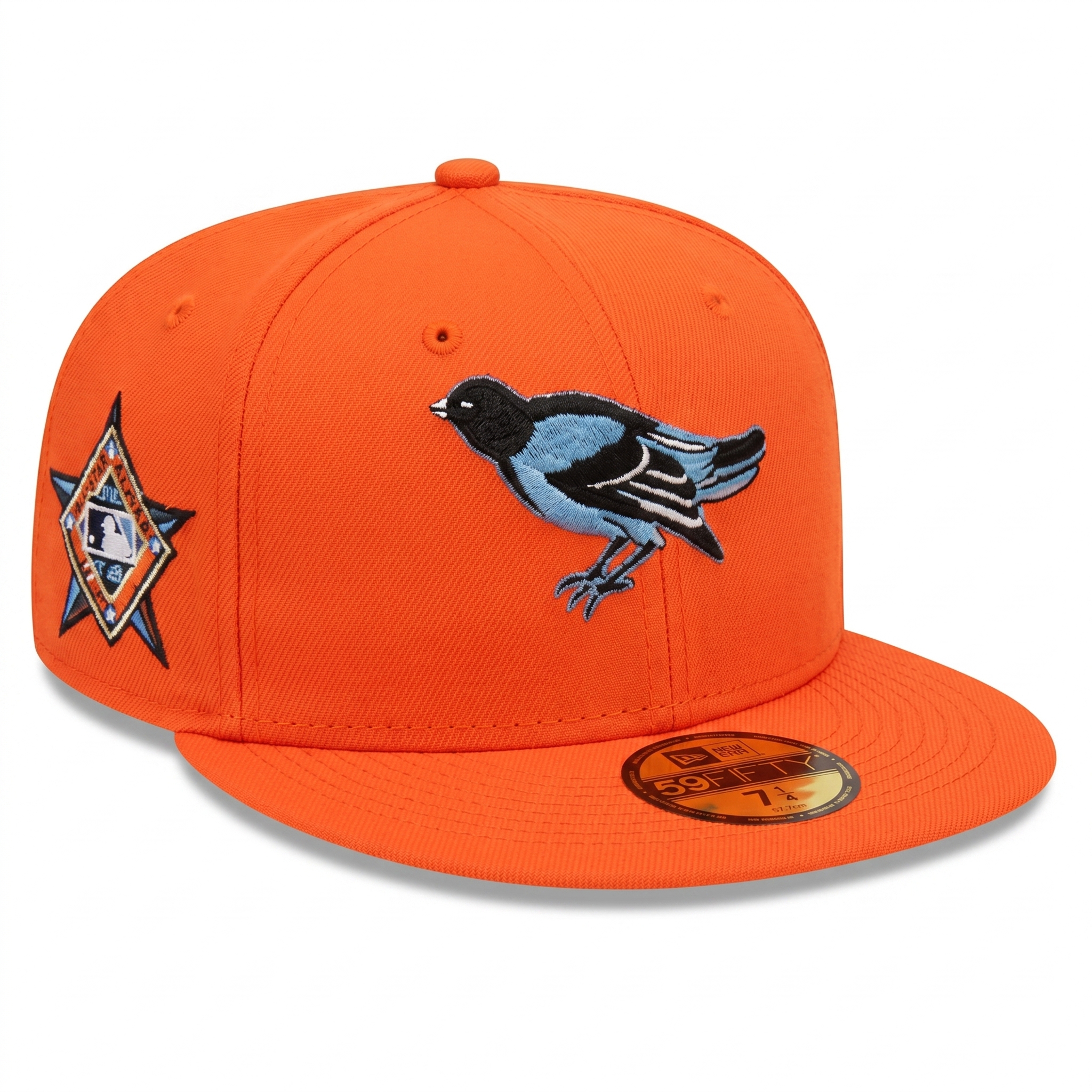 Angled view of the orange St. Louis Cardinals 59FIFTY fitted hat showcasing the custom MLB star side patch on the right panel.
