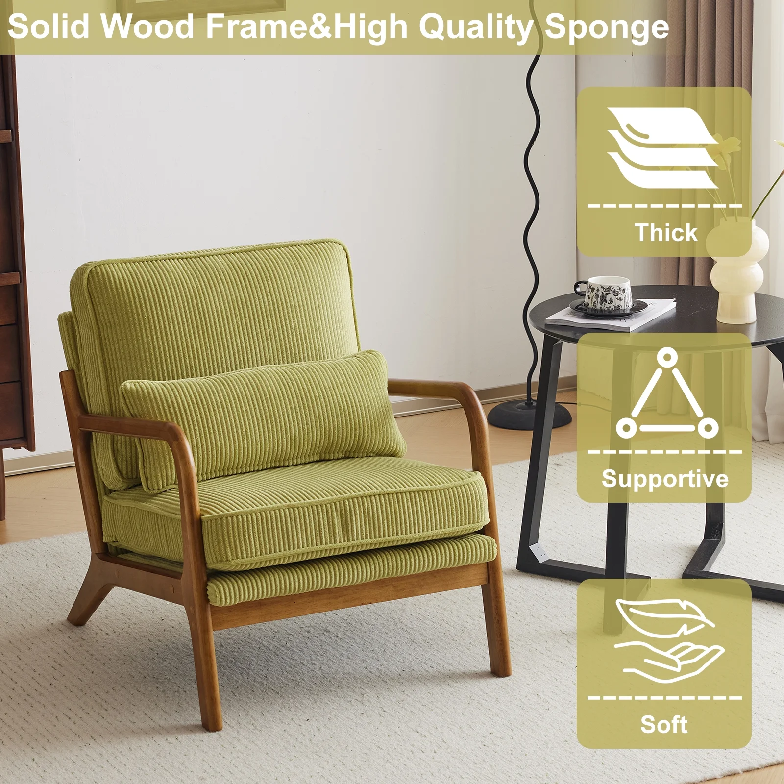 Ktaxon Accent Chair Corduroy Upholstered Armchair, Reading Club Chair with Pillow and Solid Wood Frame for Living Room Bedroom Furniture Off White - Image 128