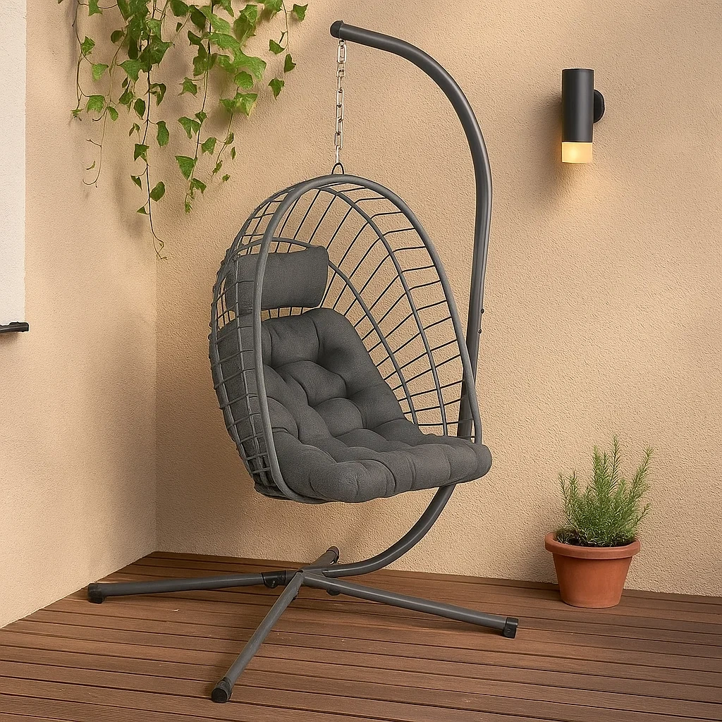 Sillón colgante de 1 plaza con estructura metálica, Resina trenzada gris y cojín gris - lVebsNm257wC