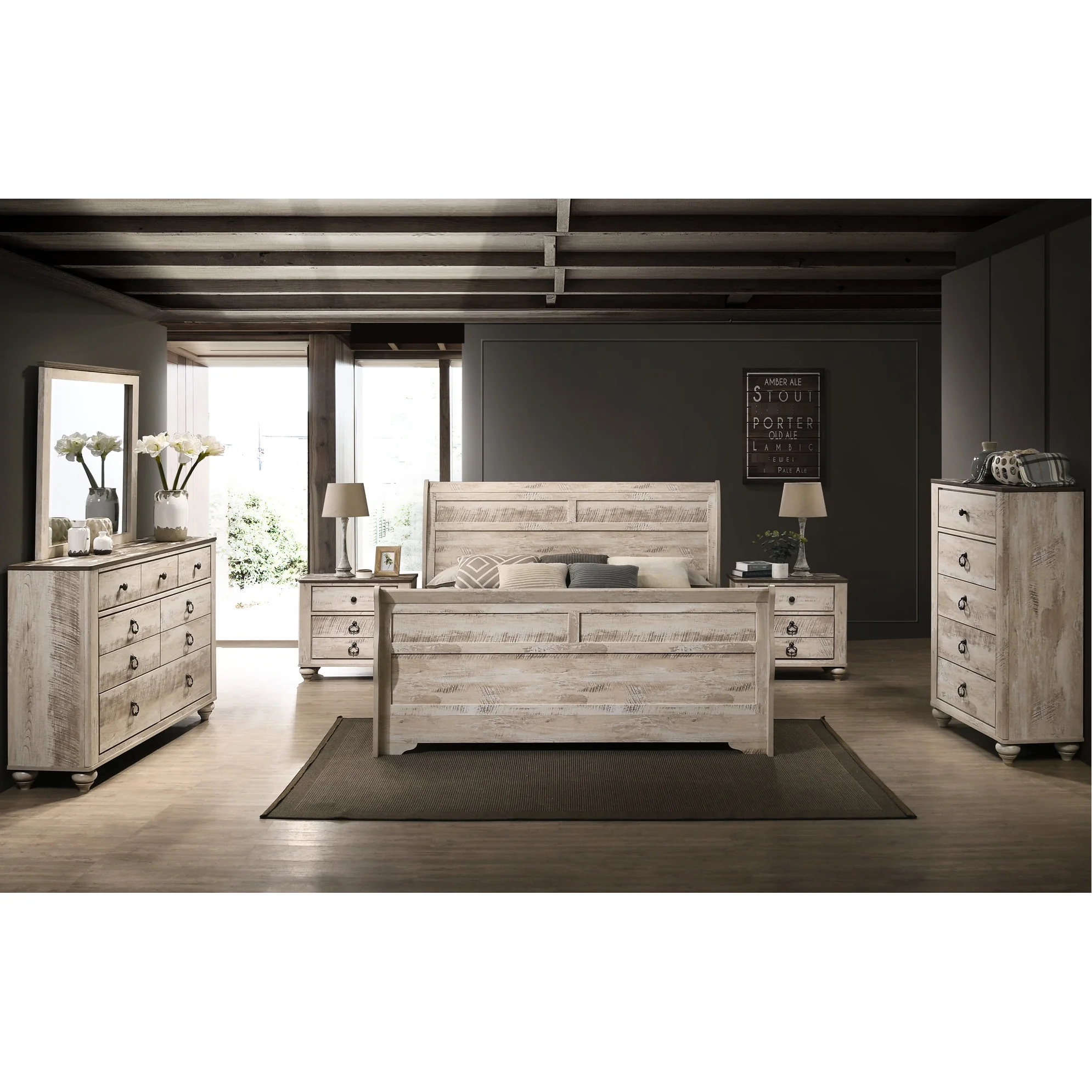 King Size Bedroom Furniture - Bed, Dresser, Mirror, Nightstands, Chest Rustic White Wash Style Urban - Image 4