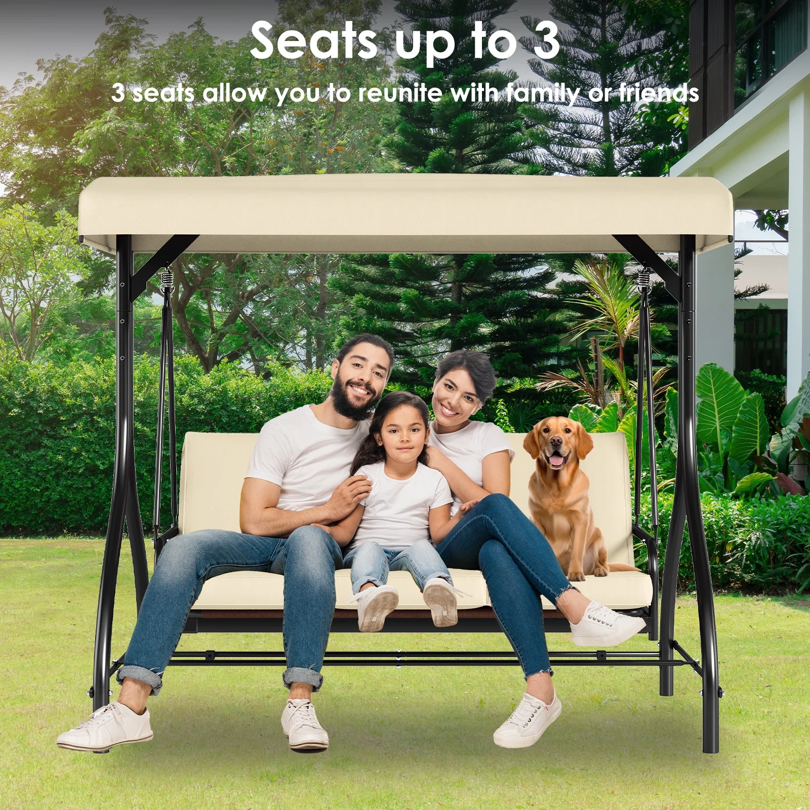 Arlopu 3 Person Porch Swing Outdoor Converting Canopy Swing Glider with Canopy - Image 4