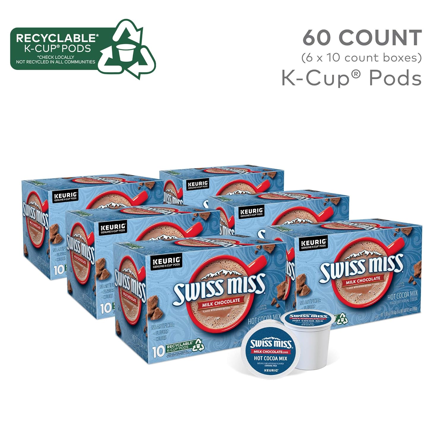 Swiss Miss Milk Chocolate Hot Cocoa. Keurig Single-Serve K-Cup Pods. 60 Count (6 Packs of 10)