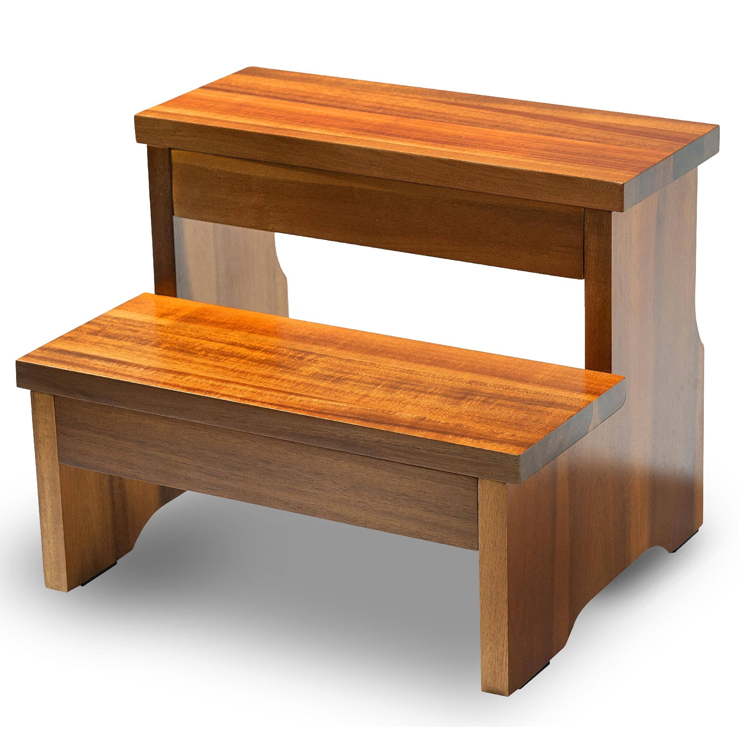 Wooden Two Step Stool - Heavy Duty 2 Step Stool for Adult and Kids - Holds Up to 450lb for Kichen/Bathroom/Bedside Step Stool (Acacia)(Acacica)