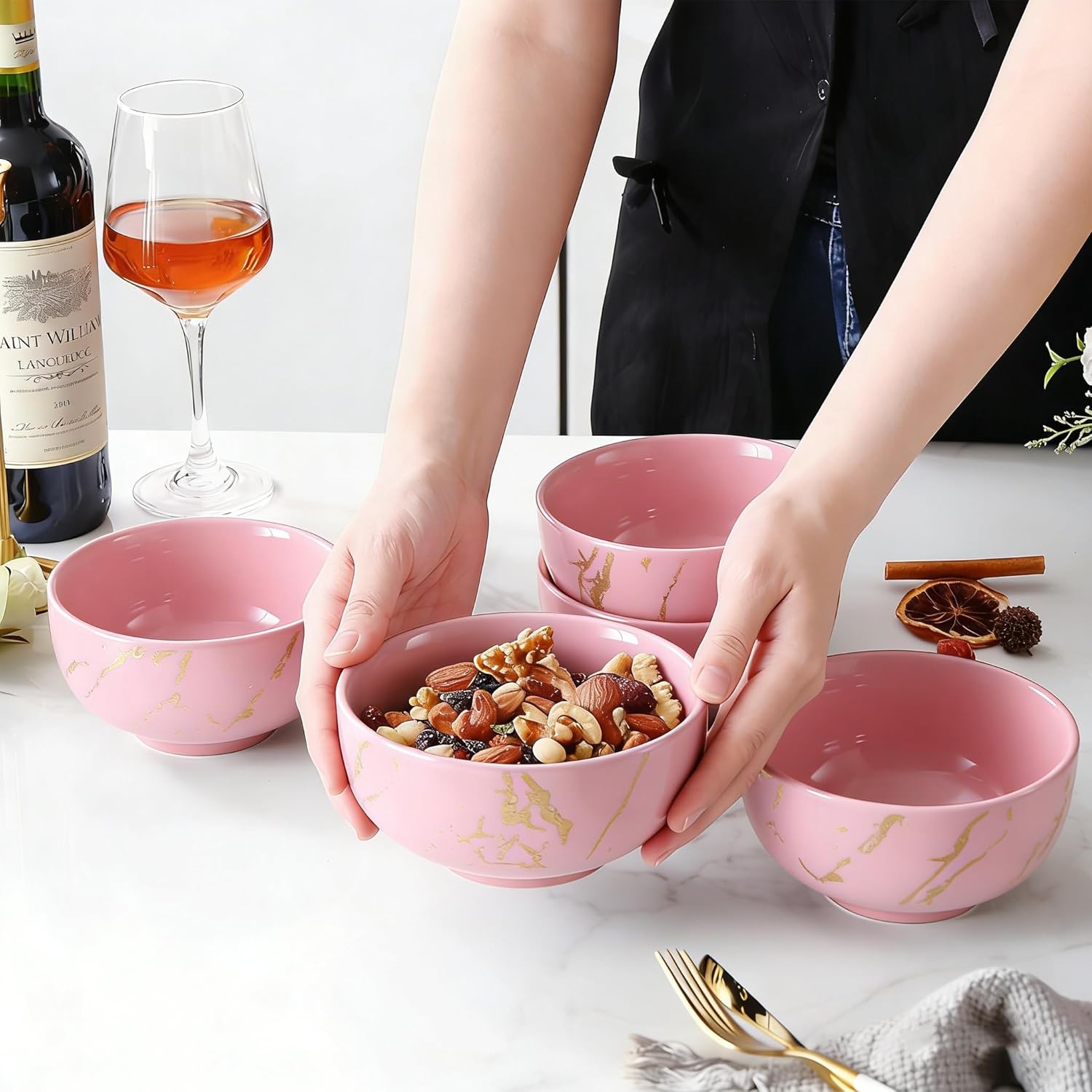 6-Piece Pink and Gold Marble Ceramic Bowls, 20 oz – Bohemian Soup & Cereal Bowl Set, Dishwasher & Microwave Safe, for Ramen, Pasta, Salad, Dessert