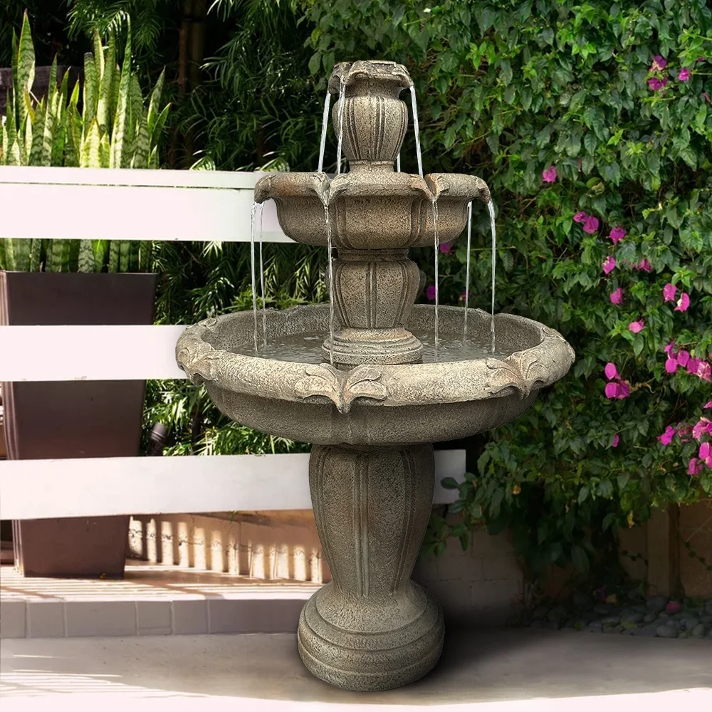 Indoor/Outdoor 3-Tiers Concrete Floor Water Fountain with Electric Pump for Patio Lawn Home Decor - Image 2