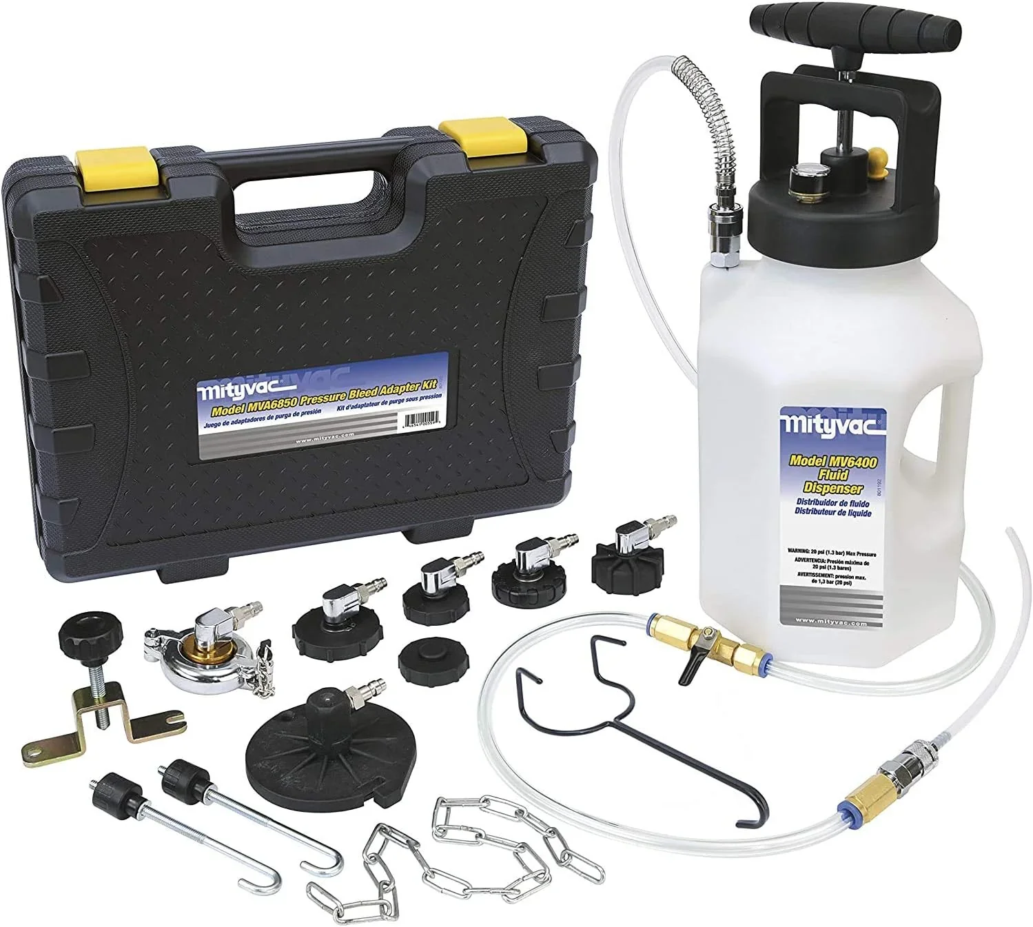 Mityvac Hydraulic Brake And Clutch Pressure Bleeding System, 7 Adapters, 16 x 12 x 12 in, 11.4 lb - MV6840