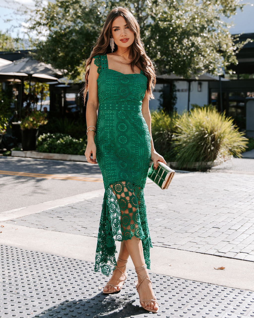 Dare To Be You Crochet Lace Ruffle Midi Dress - Emerald - Se7enfashion