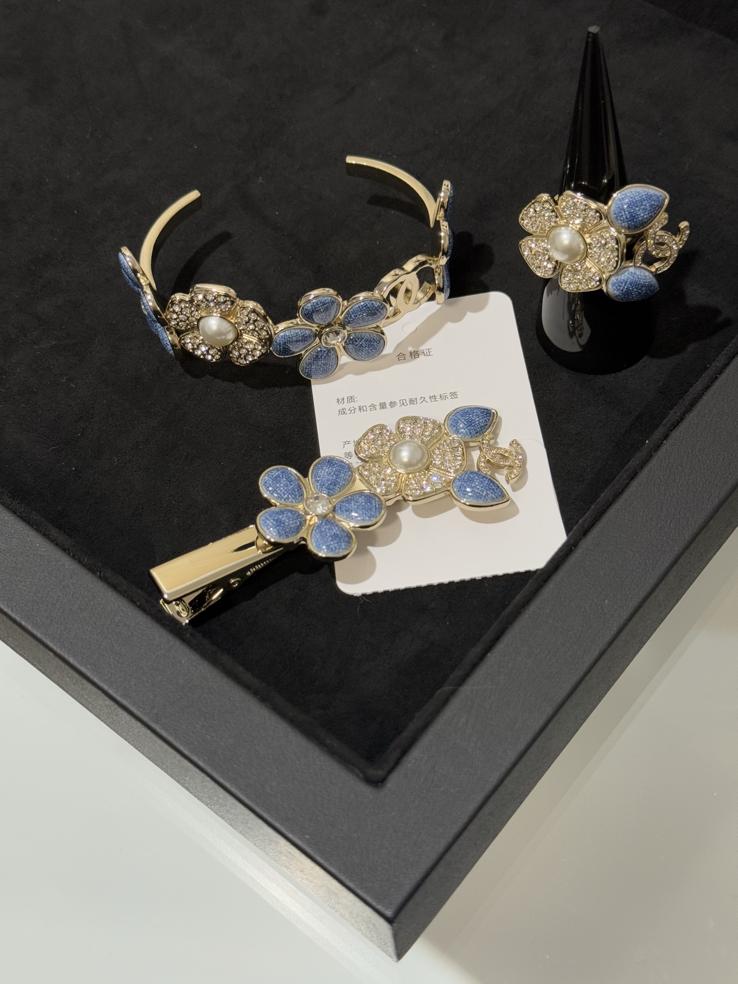 Chanel 26C Blue Denim Flower Diamond Paved Cuff Bangle Bracelet - Original Replica Club