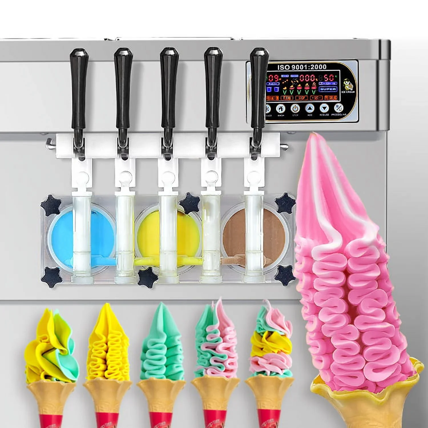 Kolice Commercial ETL 5 Flavors Soft Serve Ice Cream Machine,gelato soft ice cream maker -5 Different Discharge Nozzles,Upper Tanks Refrigerated