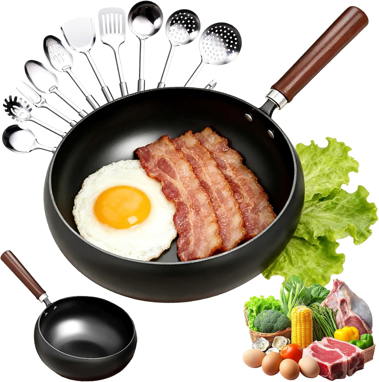 Uncoated Thick Iron Pot, Even Heating Non-Stick Japanese Wok Pan with Lid, Hand-Forged Japanese Cast Iron Wok with Spatula, Cast Iron Pot for Induction, Gas & Electric Cooktops (24cm-Wooden)