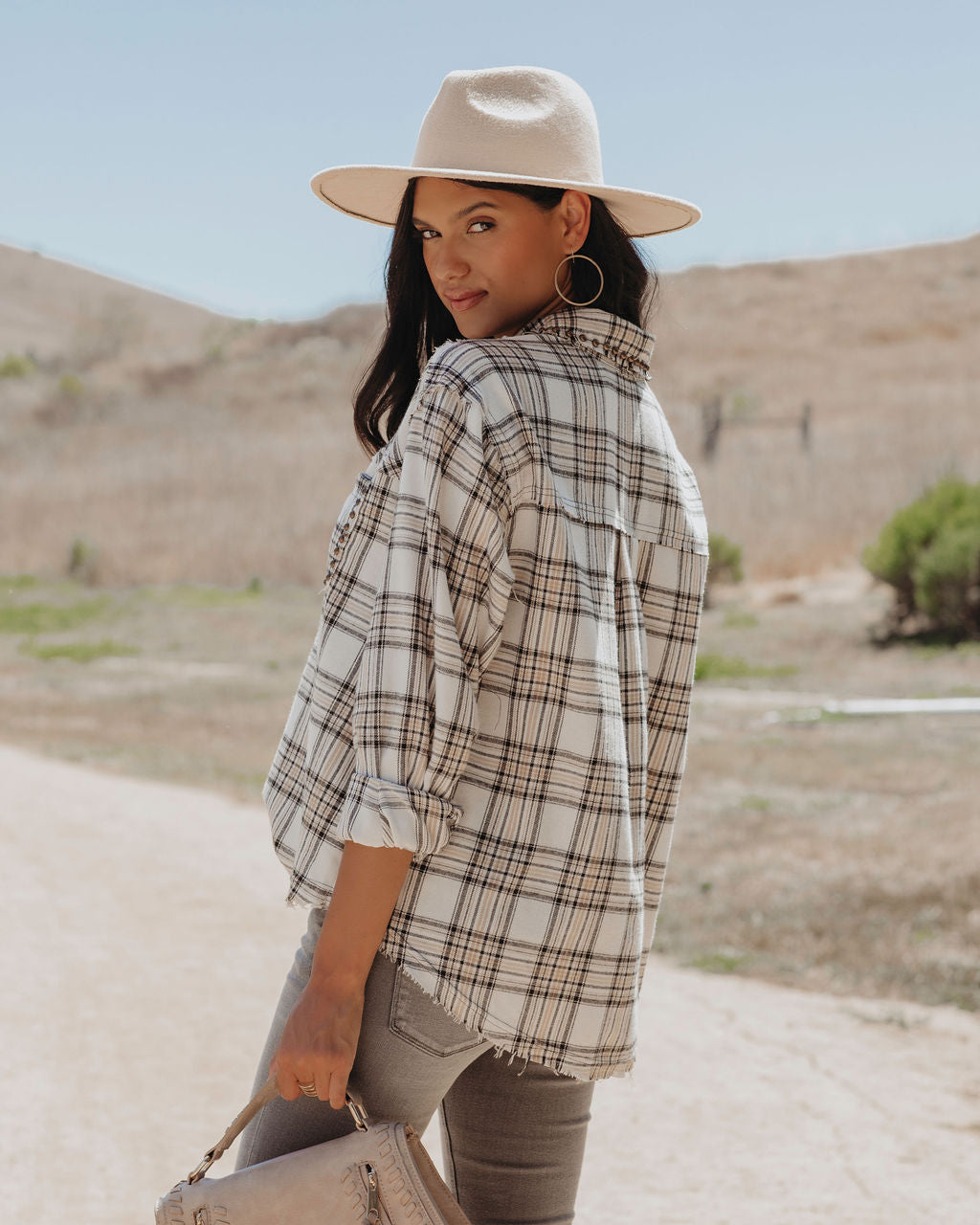 Nicolas Cotton Plaid Studded Button Down Top - SALE - Se7enfashion