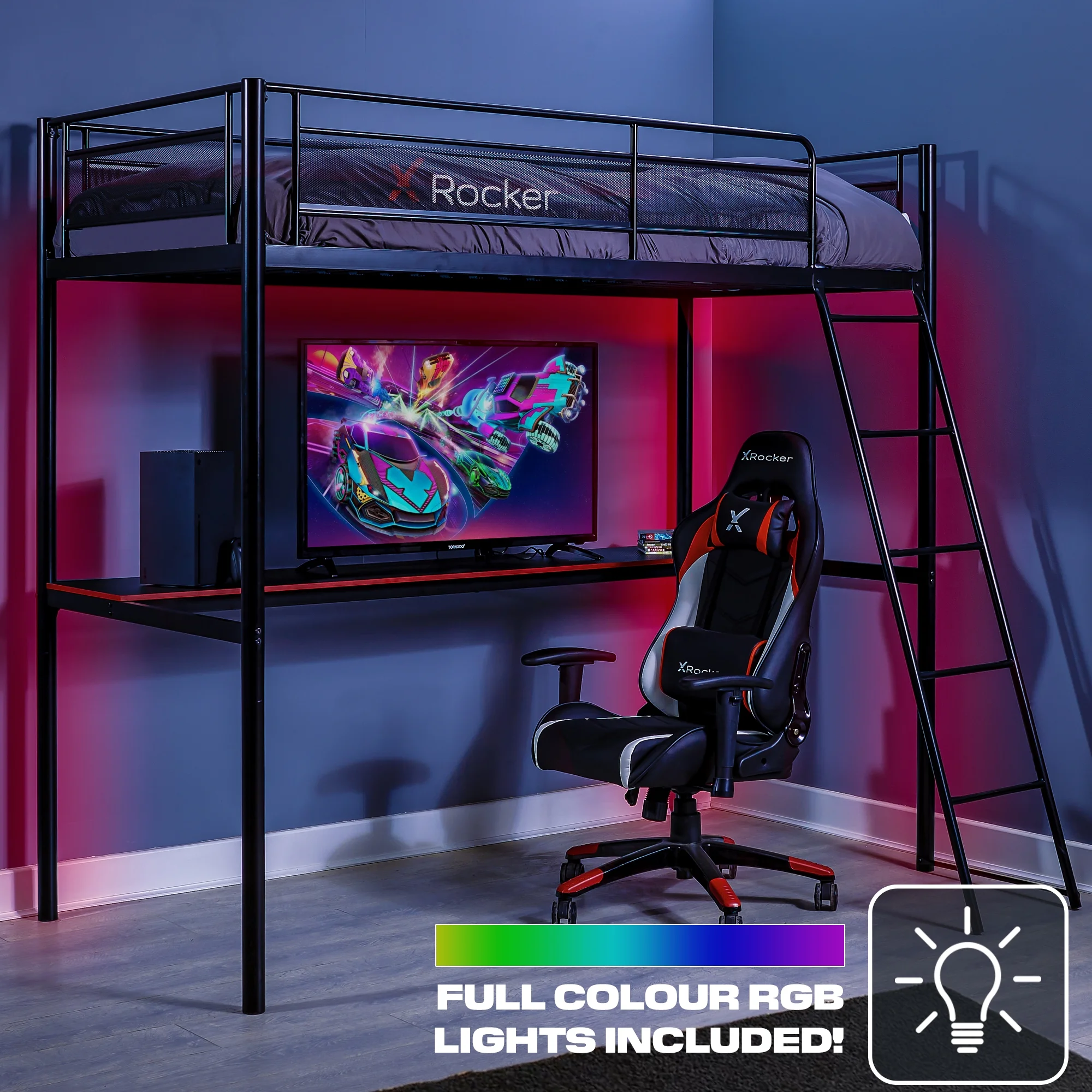X Rocker HQ Gaming Bunk Bed with LED Lighting, Black, Twin - Image 3