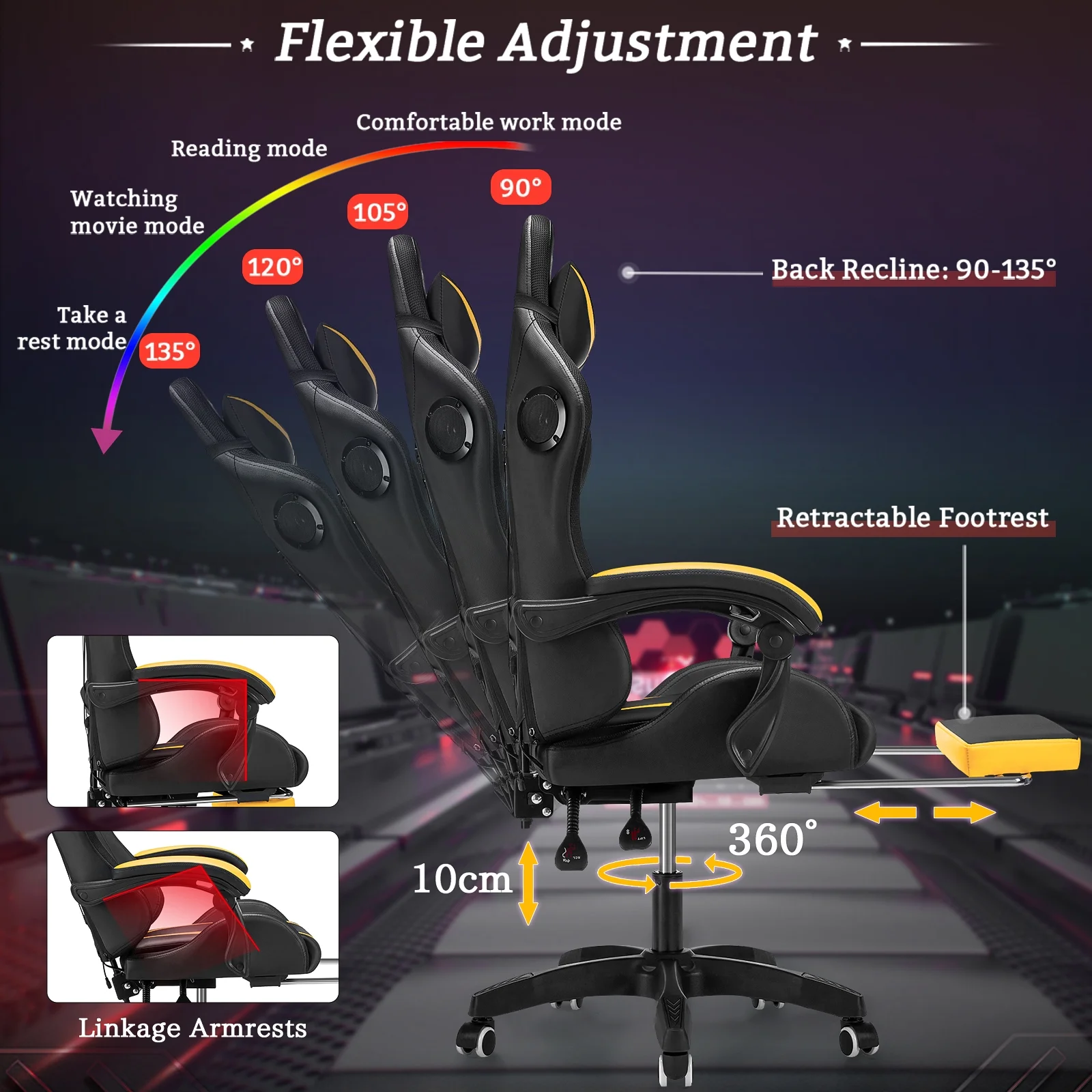 Hoffree Gaming Chair with Speakers PU Leather Office Chair with Footrest and LED Lights Ergonomic Gamer Chair with Massage Lumbar Support and Headrest Adjustable Swivel for Home Office 300lb - Image 31