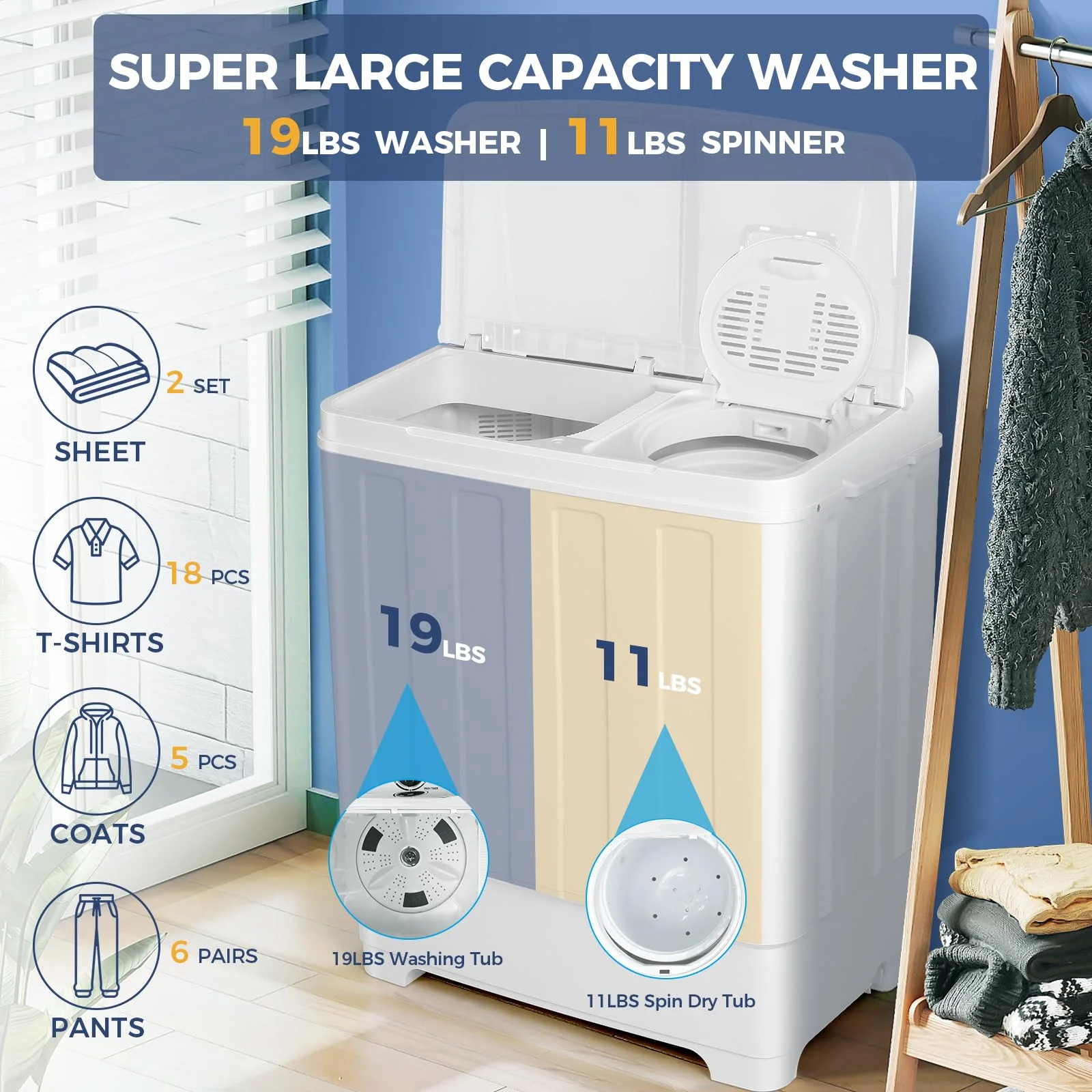 Qhomic Portable Washer 30lbs, 2-in-1 Twin Tub Washer & Dryer Combo Compact Semi-Automatic Washing Machine with Drain Pump, Black - Image 24