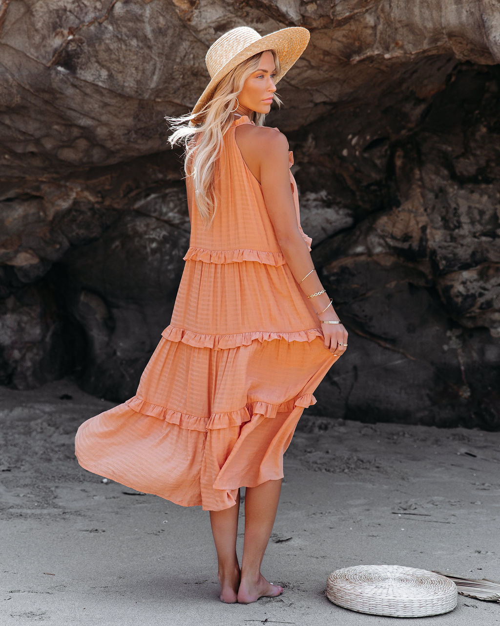 Ballard Cotton Blend Pocketed Tiered Midi Dress - Papaya - FINAL SALE - Se7enfashion