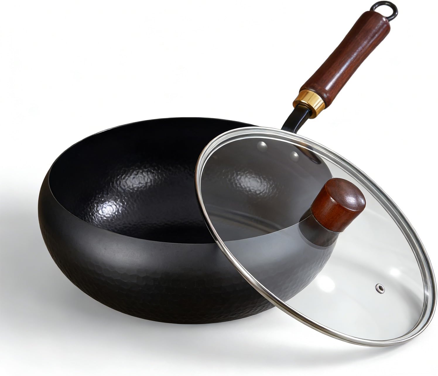 Japanese Cast Iron Wok Pan - Healthy Uncoated Frying Pan with Lid, Hand Hammered Non-Stick Finish, Traditional Cooking Pot Made in Japan (Normal Glass Lid,30cm/12'')