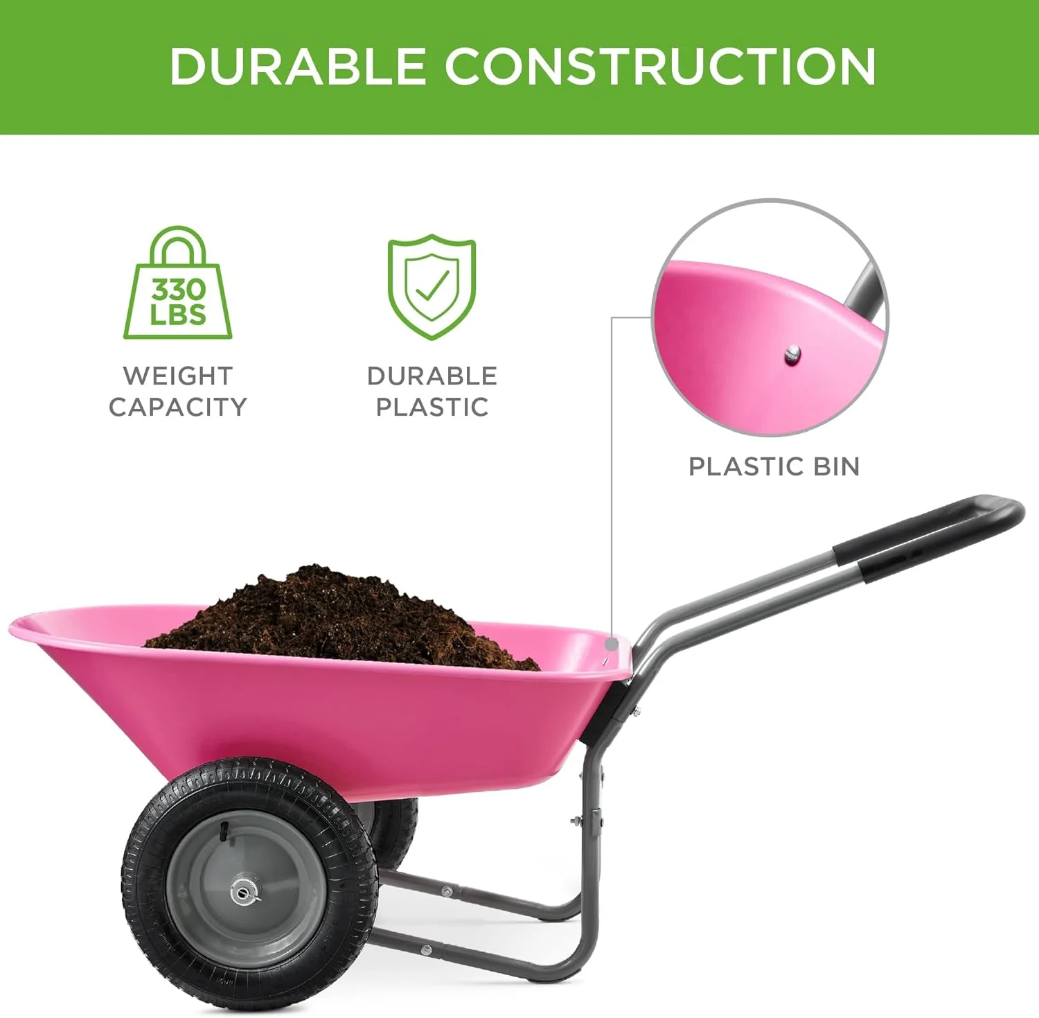 ZMMOO Dual-Wheel Home Utility Yard Wheelbarrow Garden Cart w/Built-in Stand for Lawn, Gardening, Construction - Red - Image 19