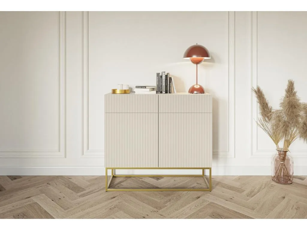 Cómoda de 2 puertas y 2 cajones de 100 cm en color topo (beige-gris) con patas de metal dorado Nidovia. lgl1689773