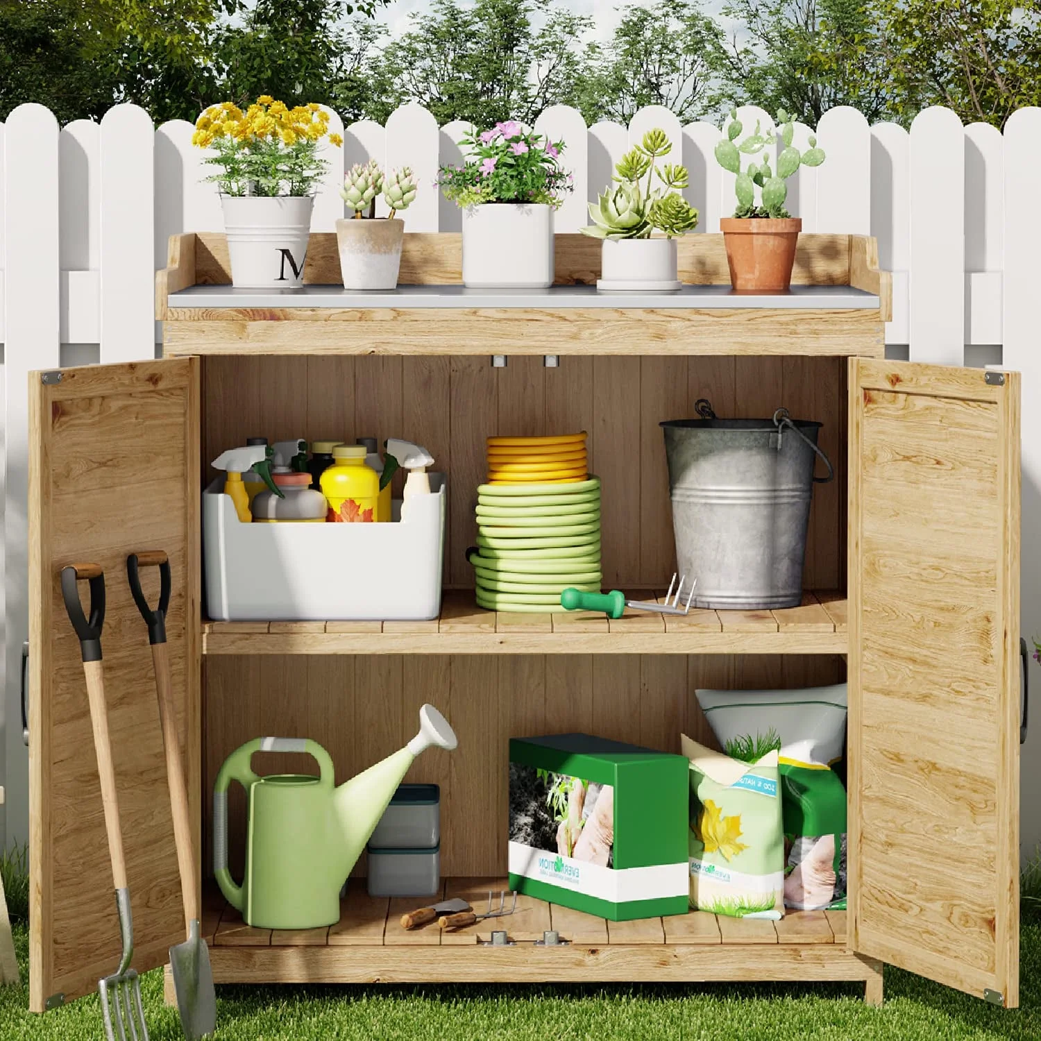 Lofka Outdoor Storage Cabinet, Outdoor Potting Bench Table with Removable Shelves for Yard, Garden, Waterproof Wood - Image 2