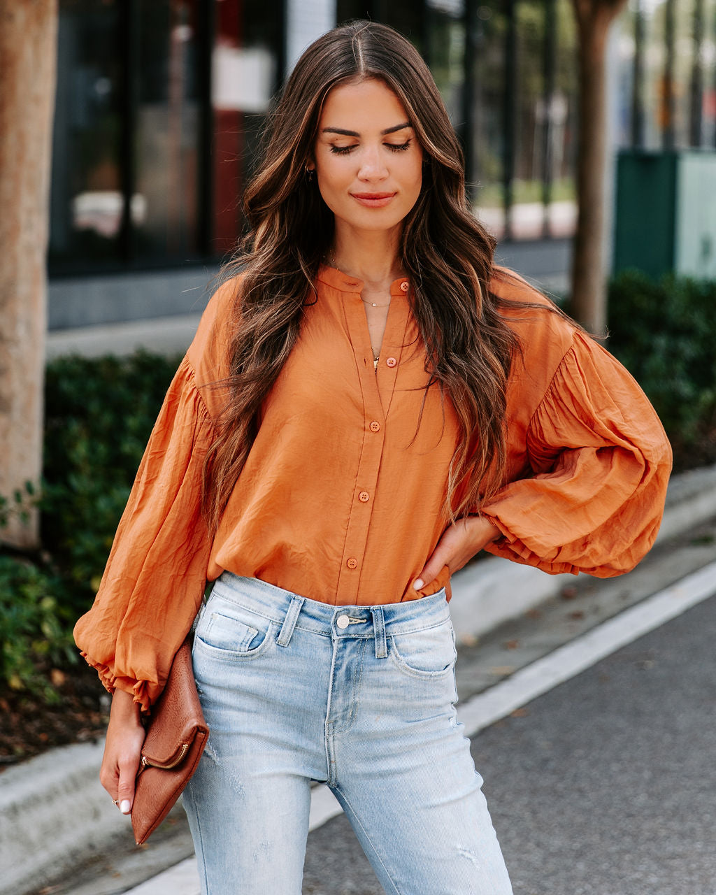 Asher Balloon Sleeve Button Down Top - Clay - SALE - Se7enfashion