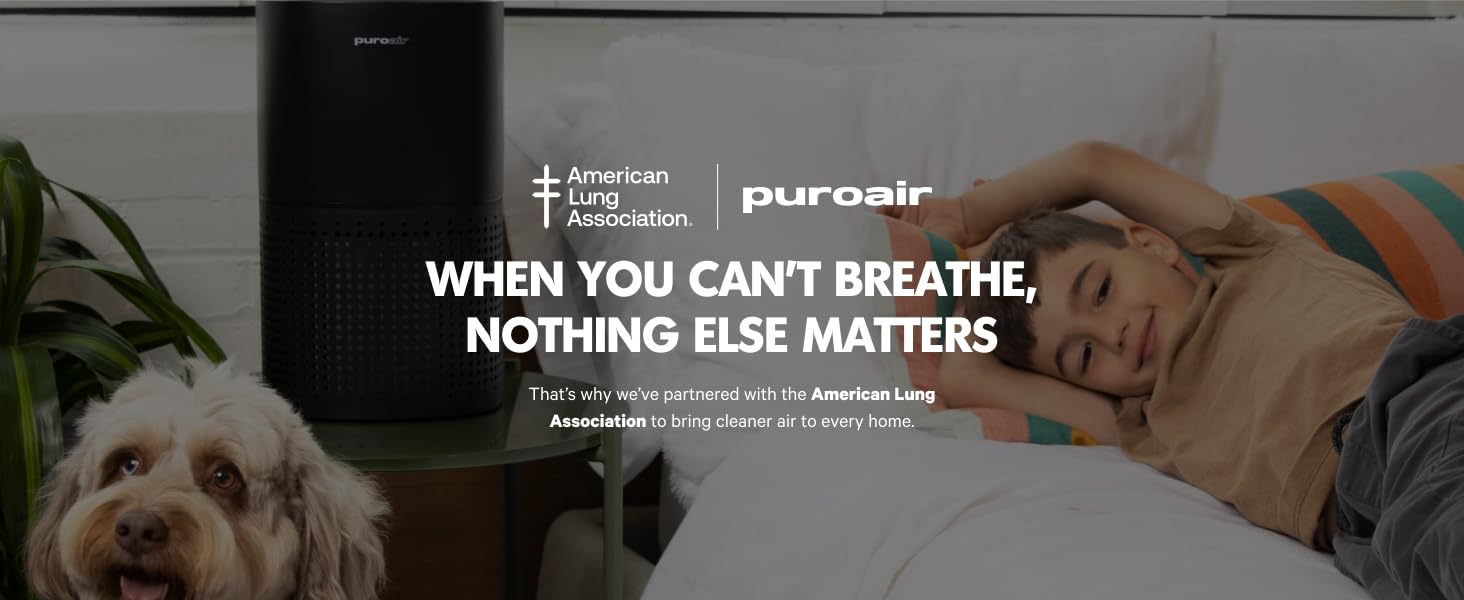 Air purifiers for home, PuroAir HEPA purifier beside child and dog; American Lung Association logo.