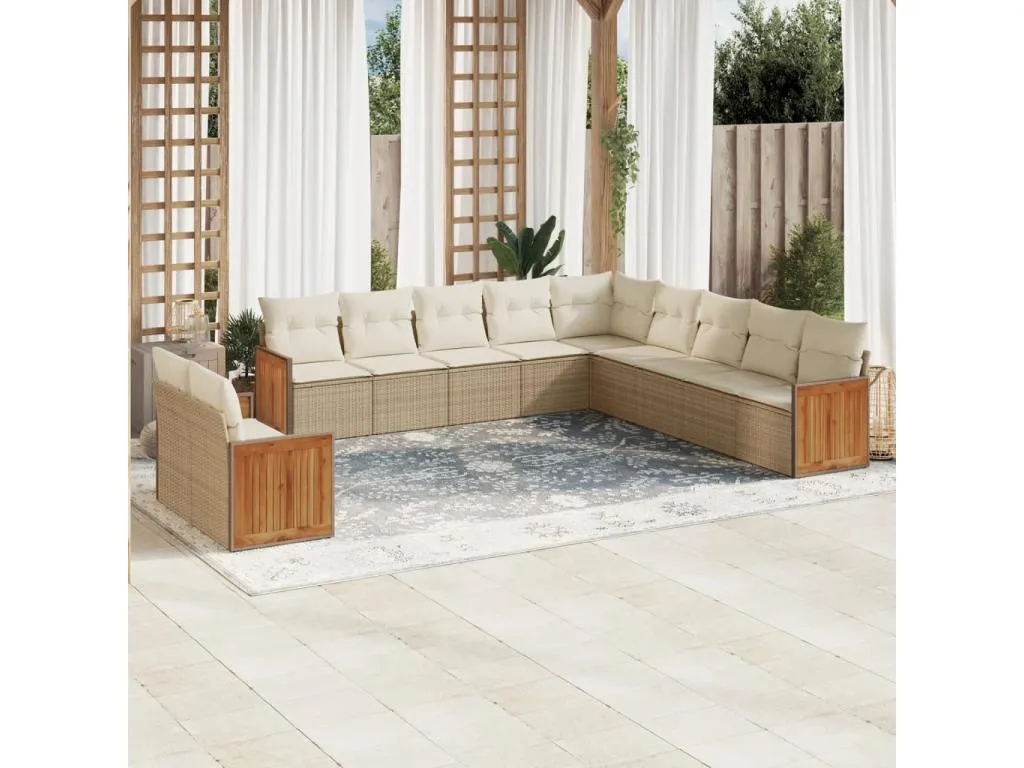Set de sofás de jardín 11piezas con cojines ratán sintético beige