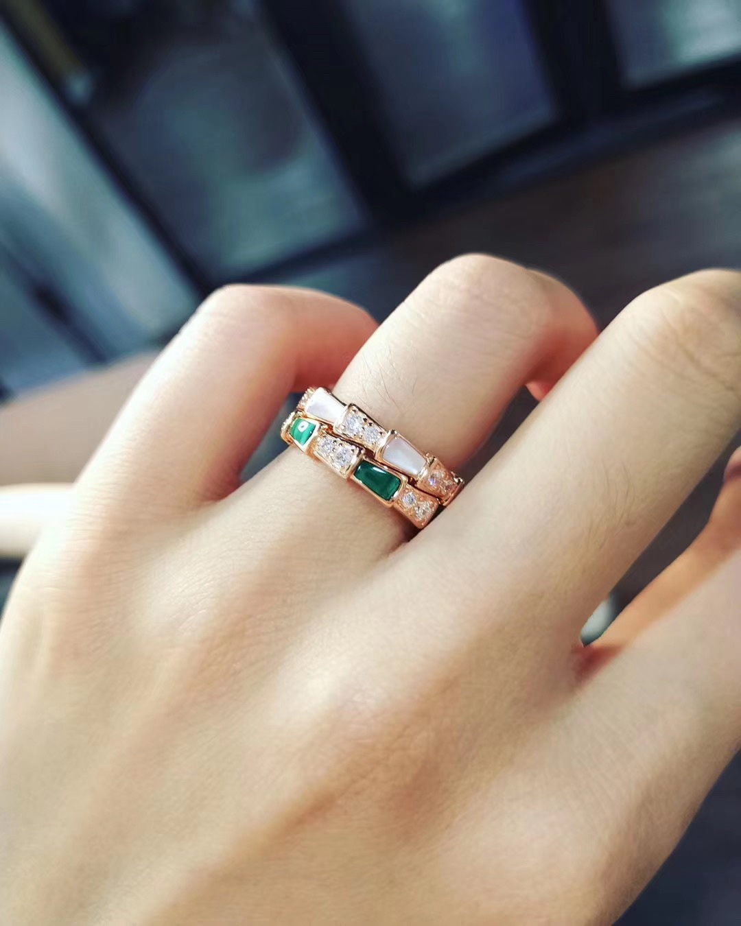 Bvlgari Rose Gold and Malachite Serpenti Viper Ring - Original Replica Club