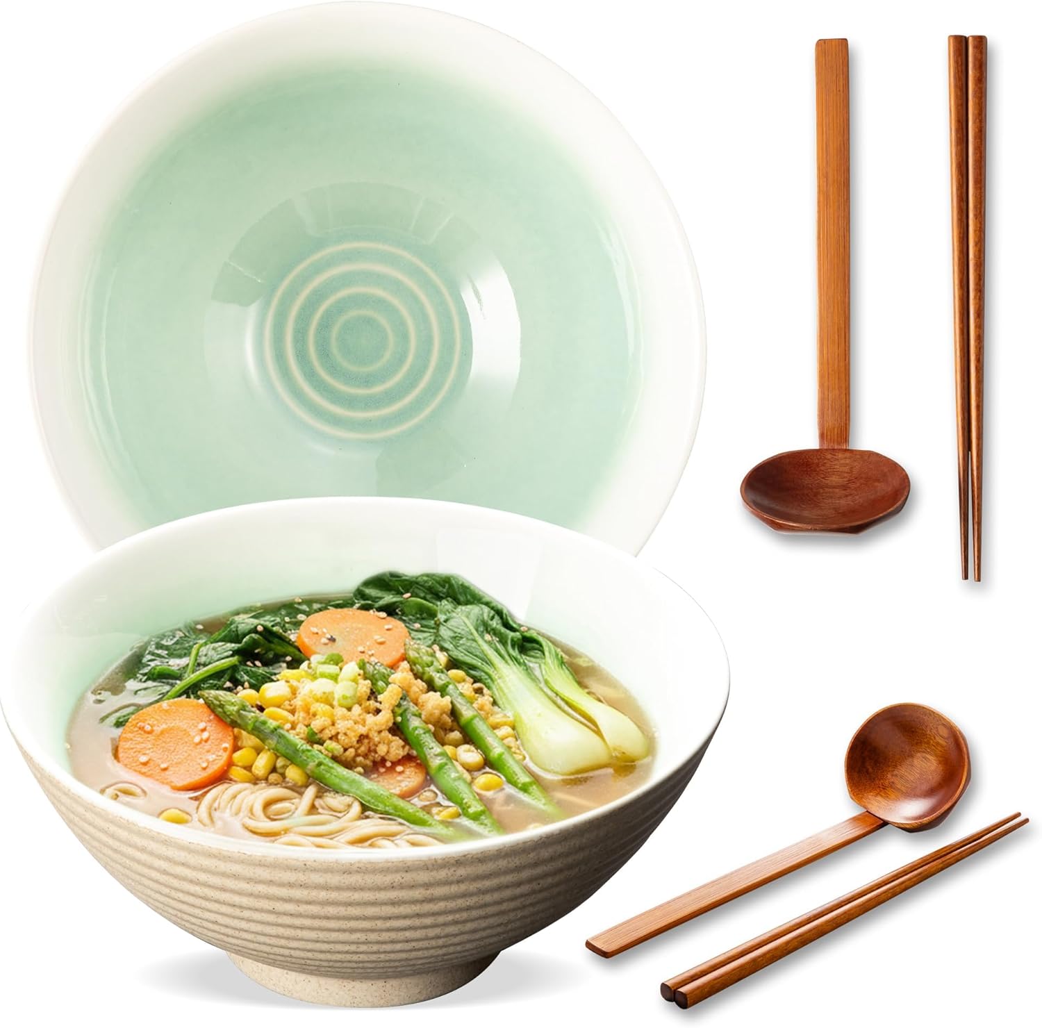 8 Inch Ceramic Ramen Bowl Set of 2, 40oz Japanese Bowls with Spoons & Chopsticks,Durable,Microwave & Dishwasher Safe,Perfect for Ramen,Pho,Salad,Soup,Noodles，Mixing bowls（Verdigris Green）