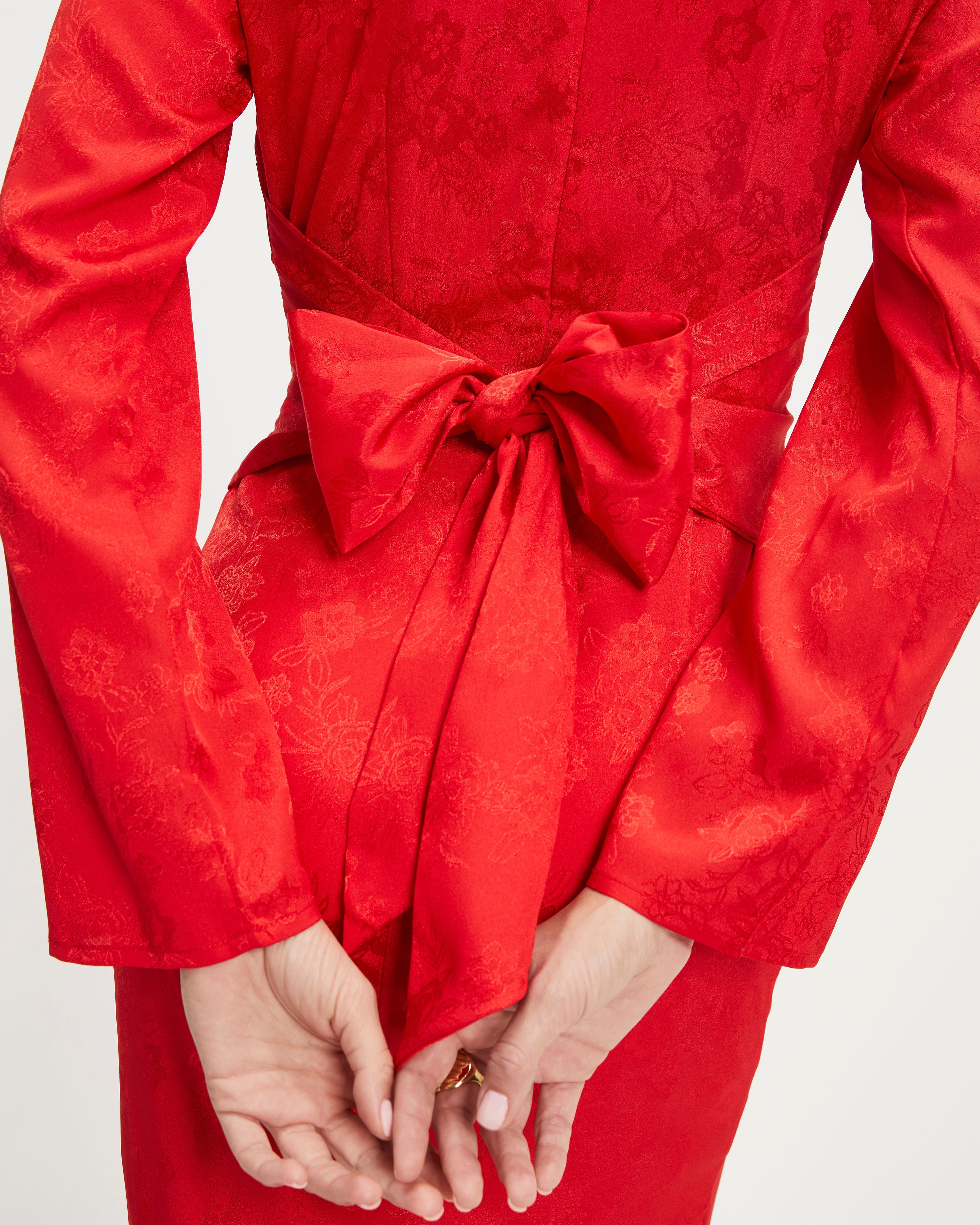Divine Rights Satin Floral Cutout Midi Dress - Red - Se7enfashion